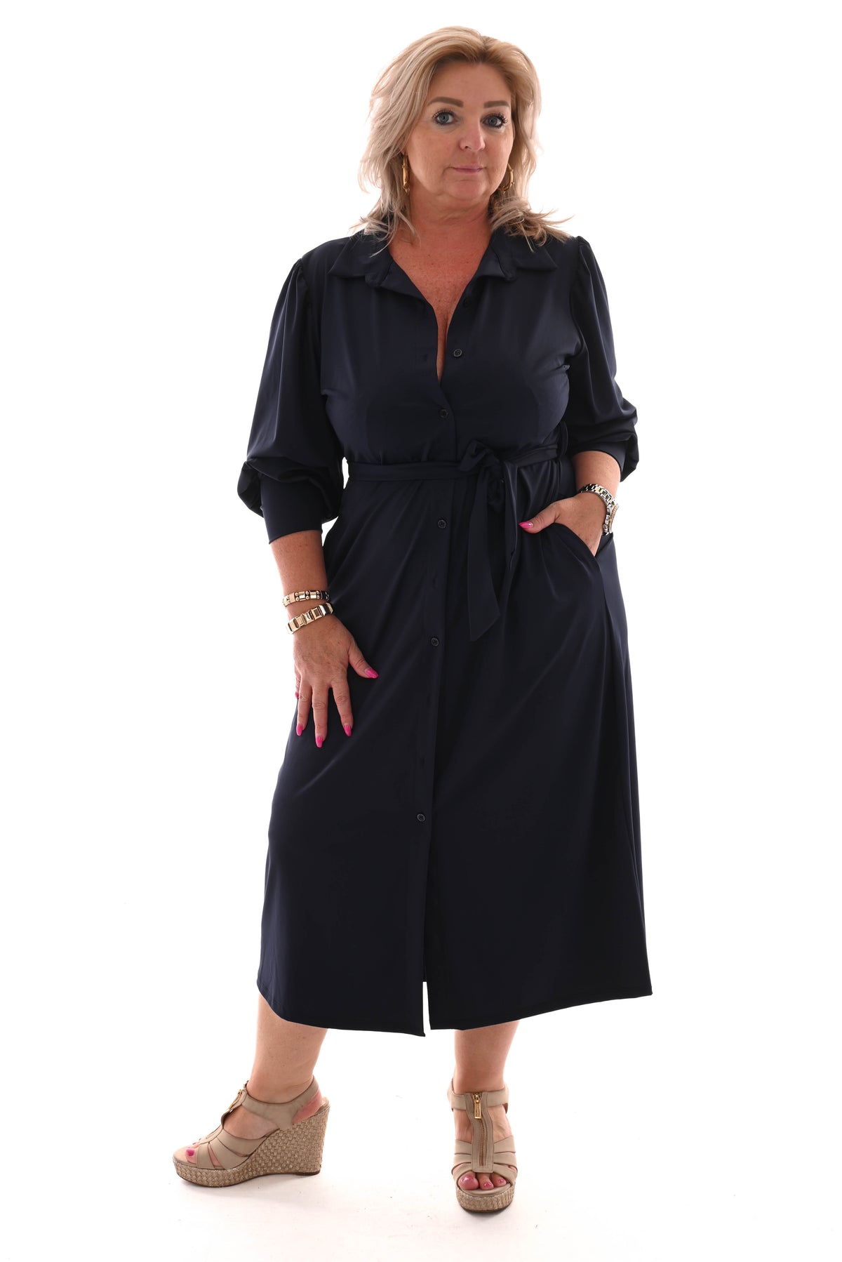 Lange travel jurk doorknoop met ceintuur marineblauw