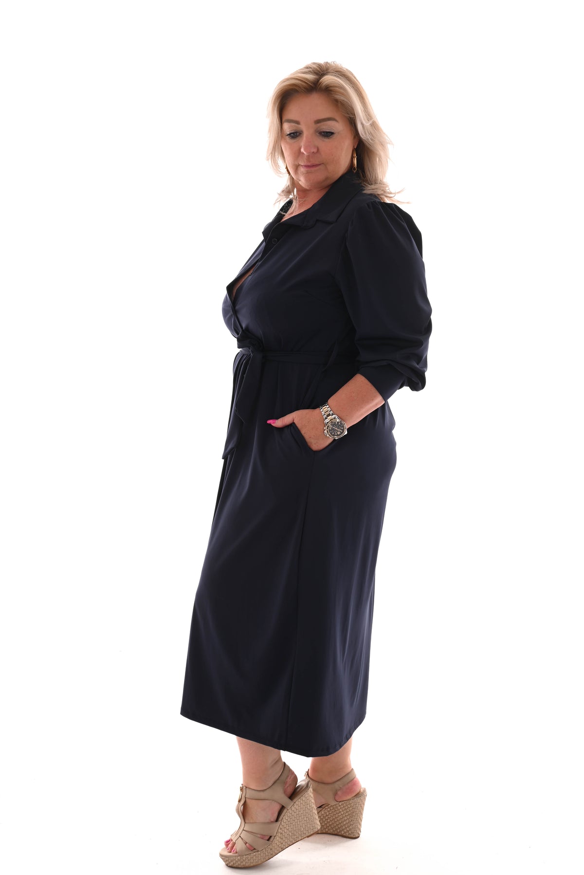 Lange travel jurk doorknoop met ceintuur marineblauw