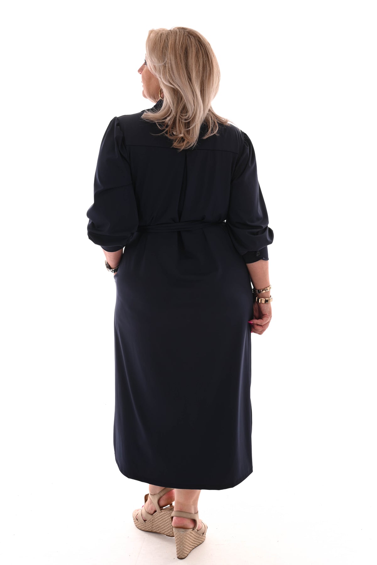 Lange travel jurk doorknoop met ceintuur marineblauw
