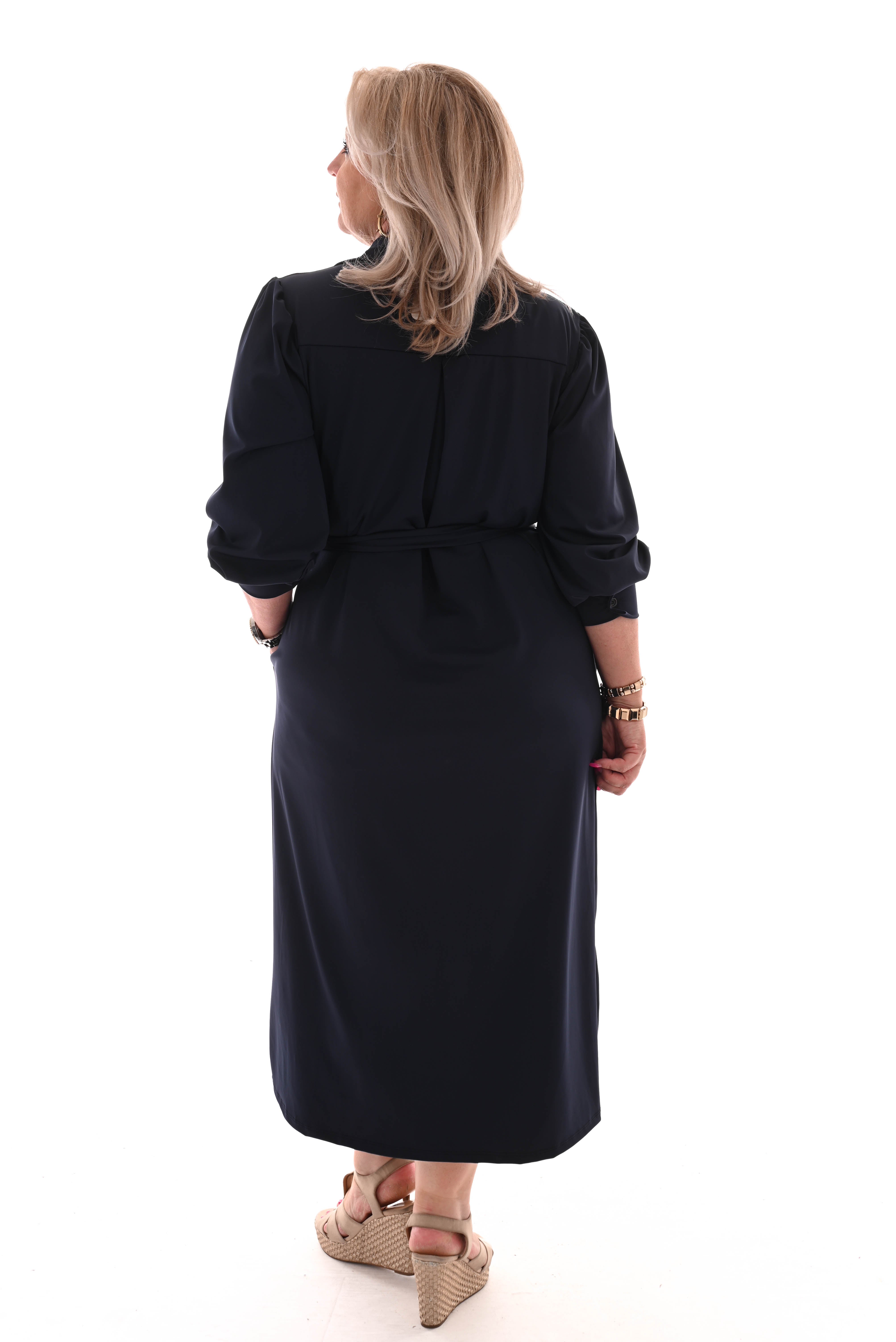 Lange travel jurk doorknoop met ceintuur marineblauw