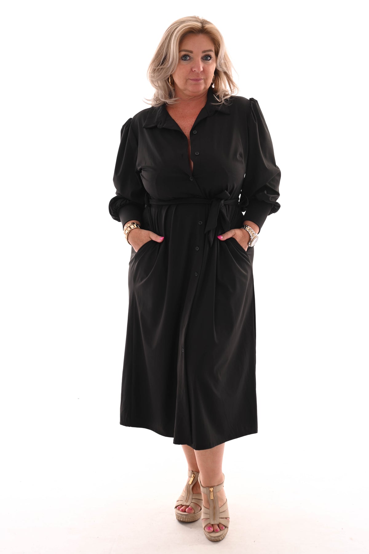 Lange travel jurk doorknoop met ceintuur zwart - Main Image