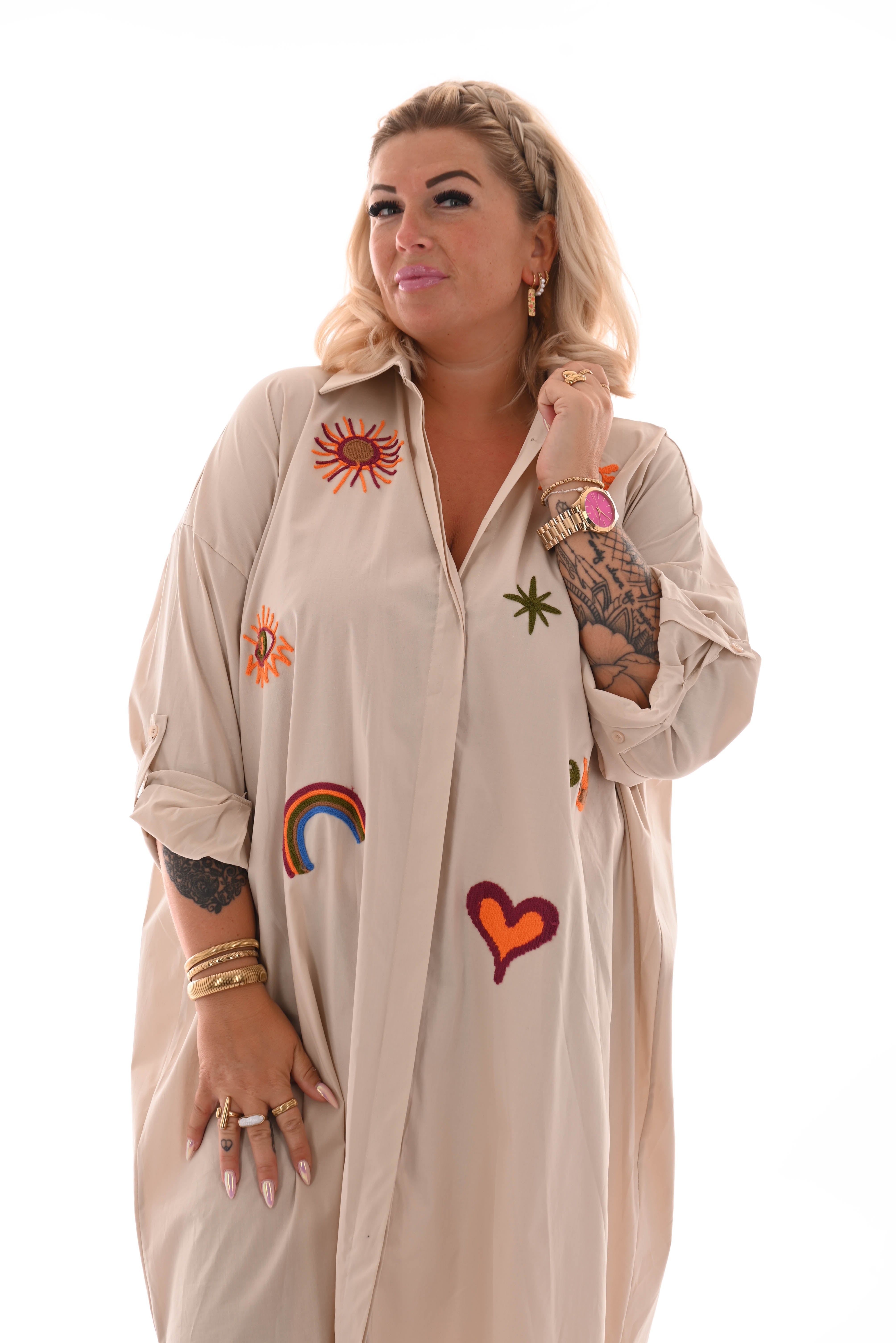 Blouse jurk borduur applicatie beige