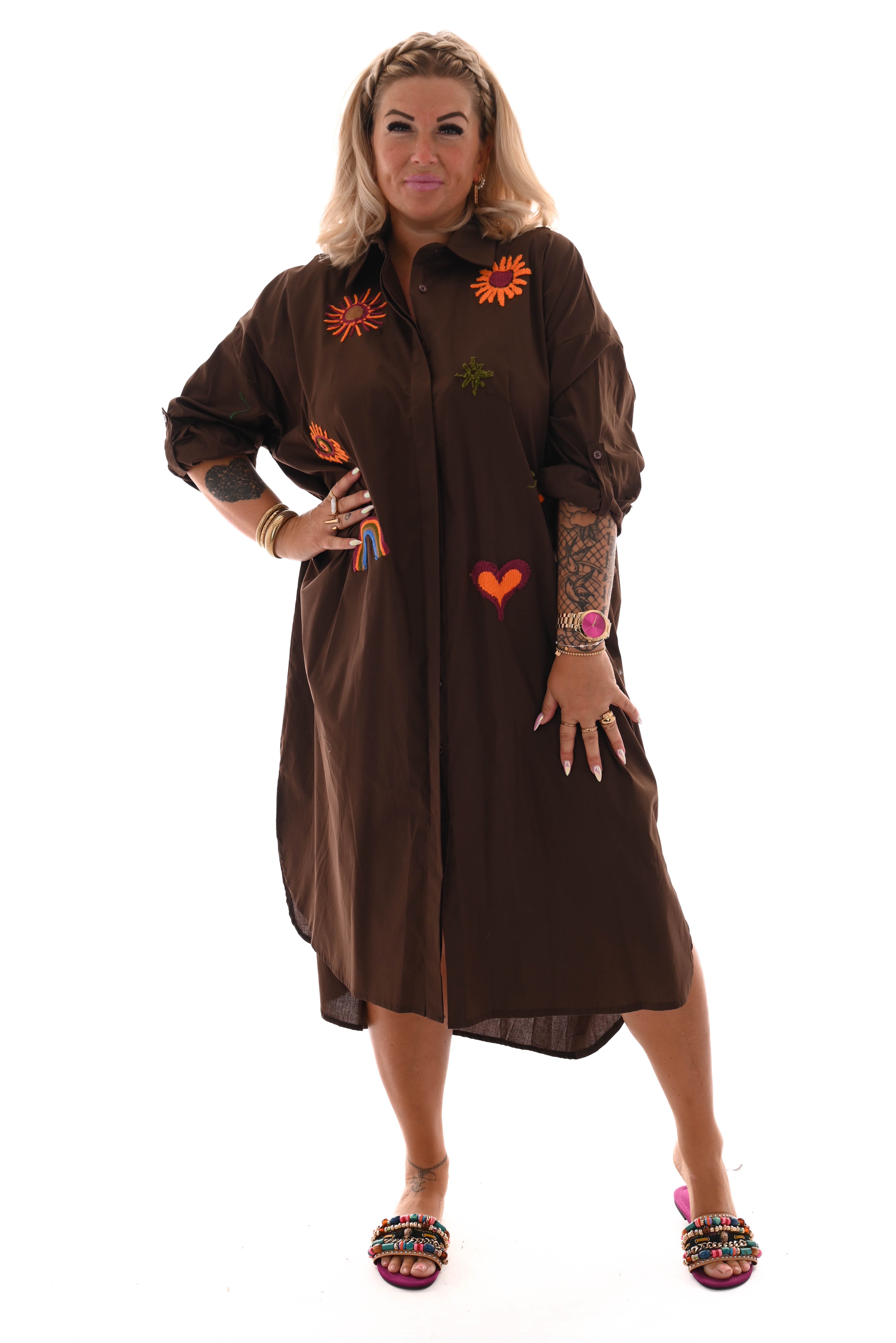 Blouse jurk borduur applicatie bruin