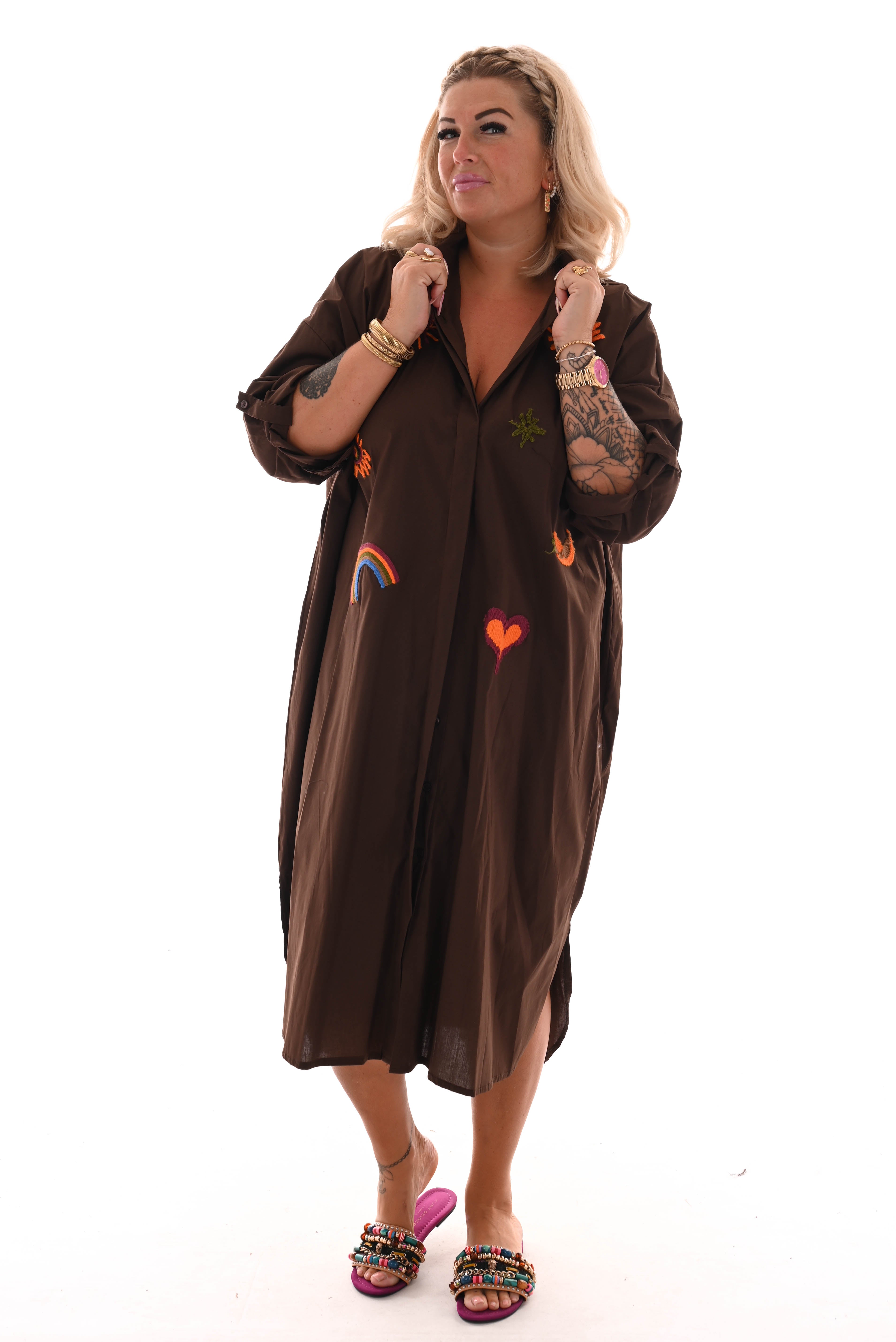 Blouse jurk borduur applicatie bruin