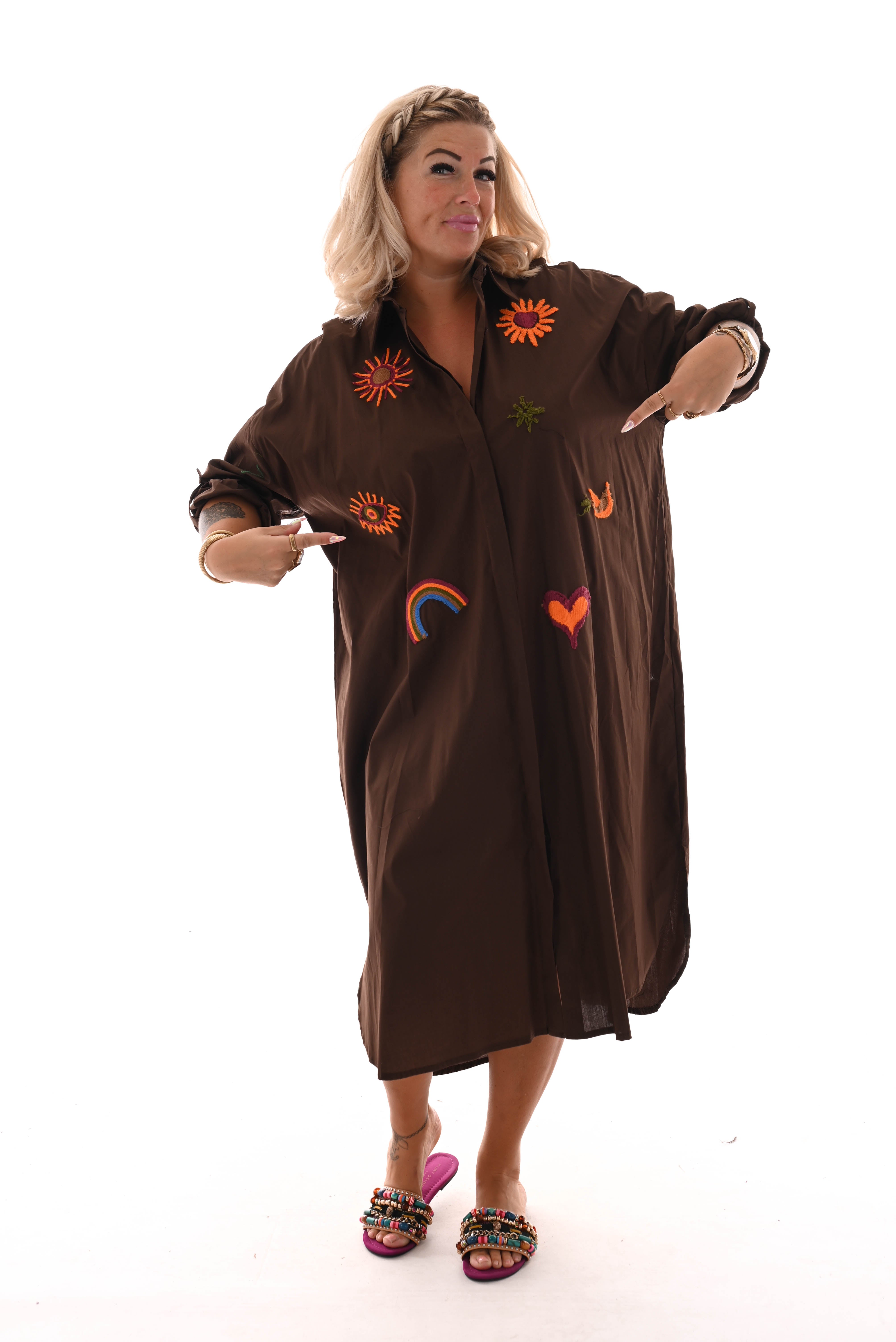 Blouse jurk borduur applicatie bruin