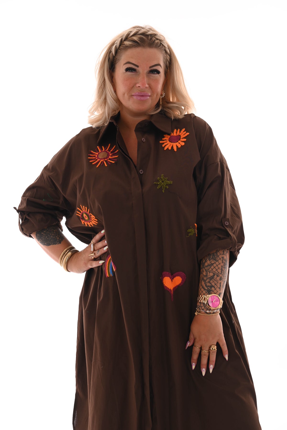 Blouse jurk borduur applicatie bruin