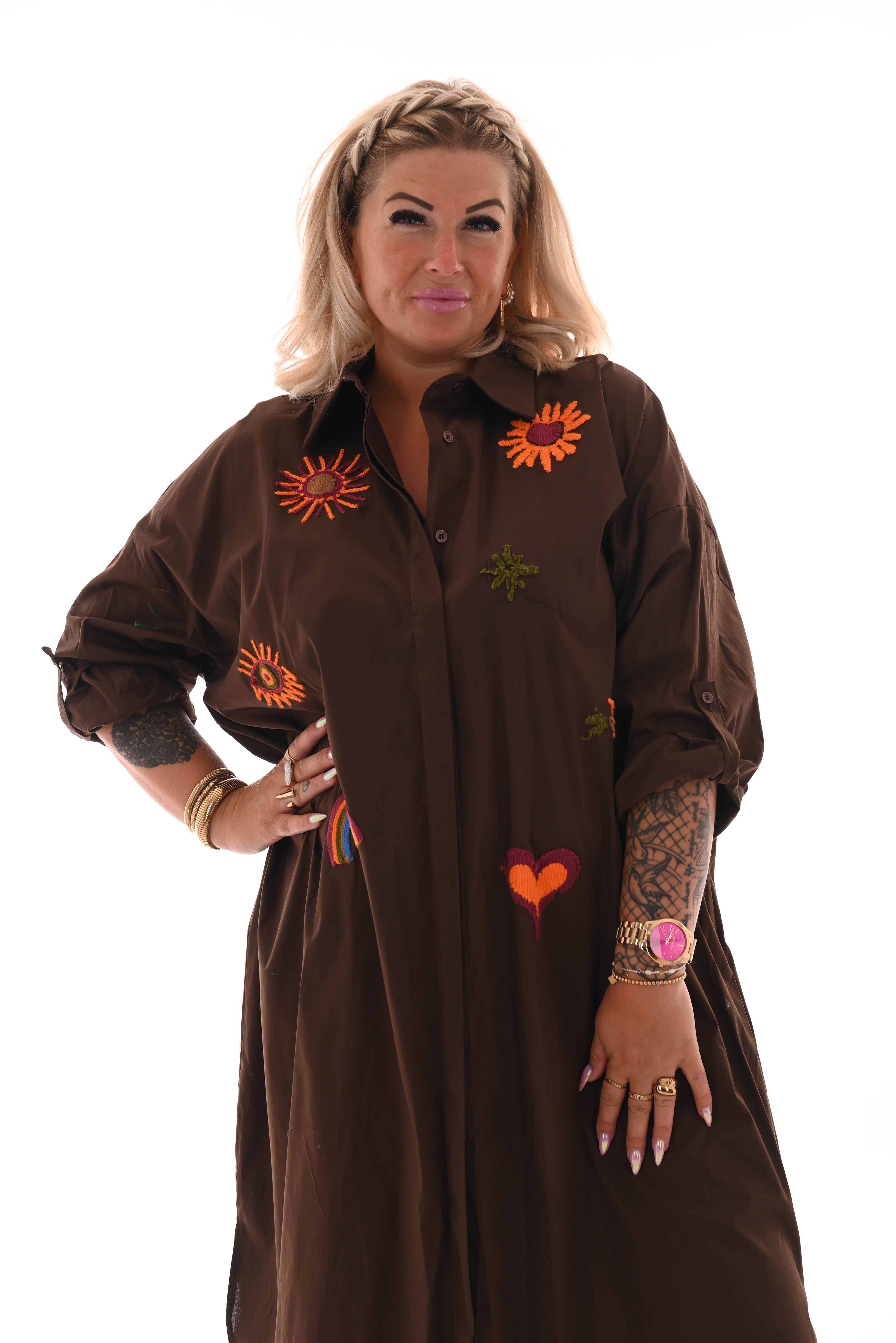 Blouse jurk borduur applicatie bruin