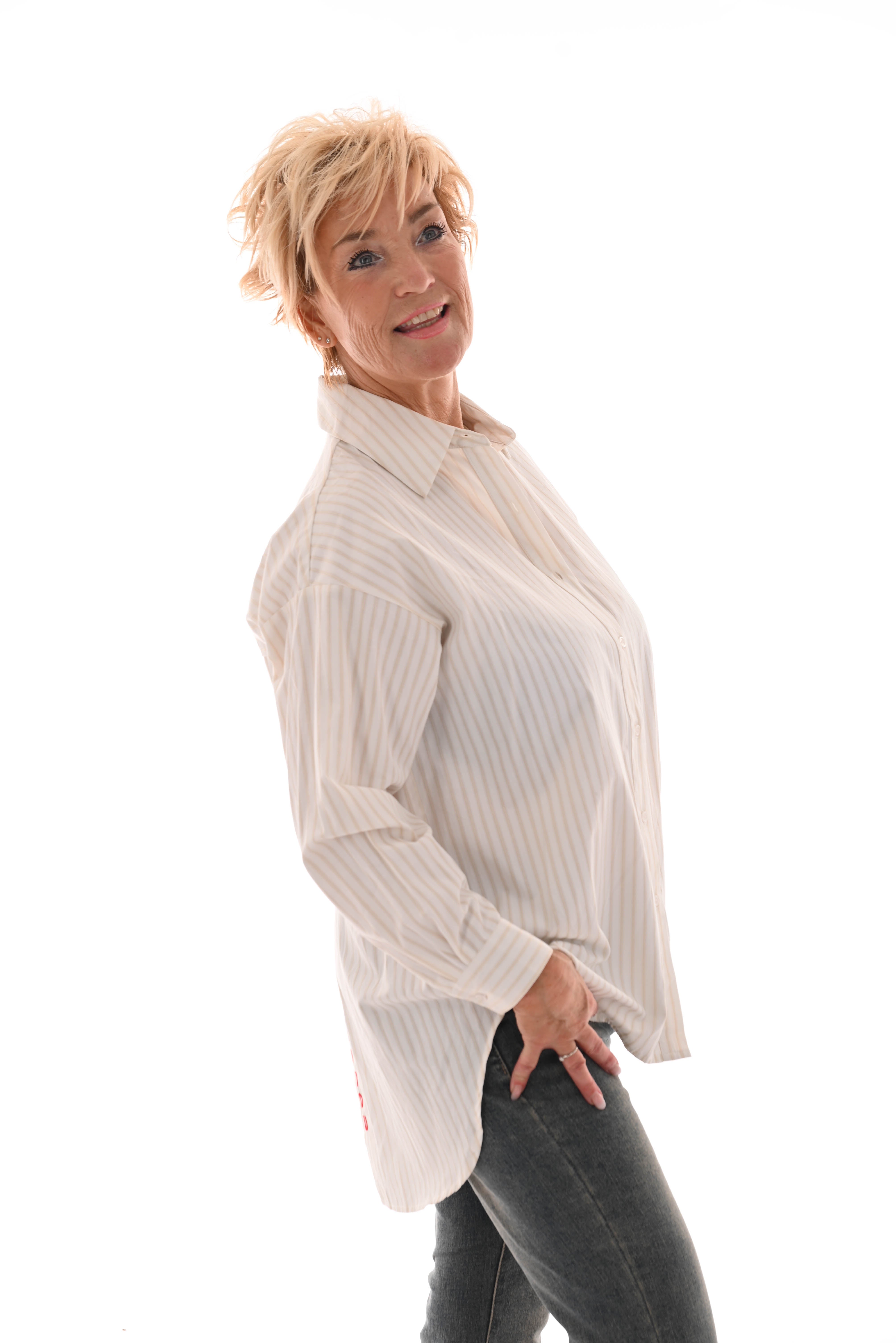 Gestreepte blouse open rug 'Love me' wit