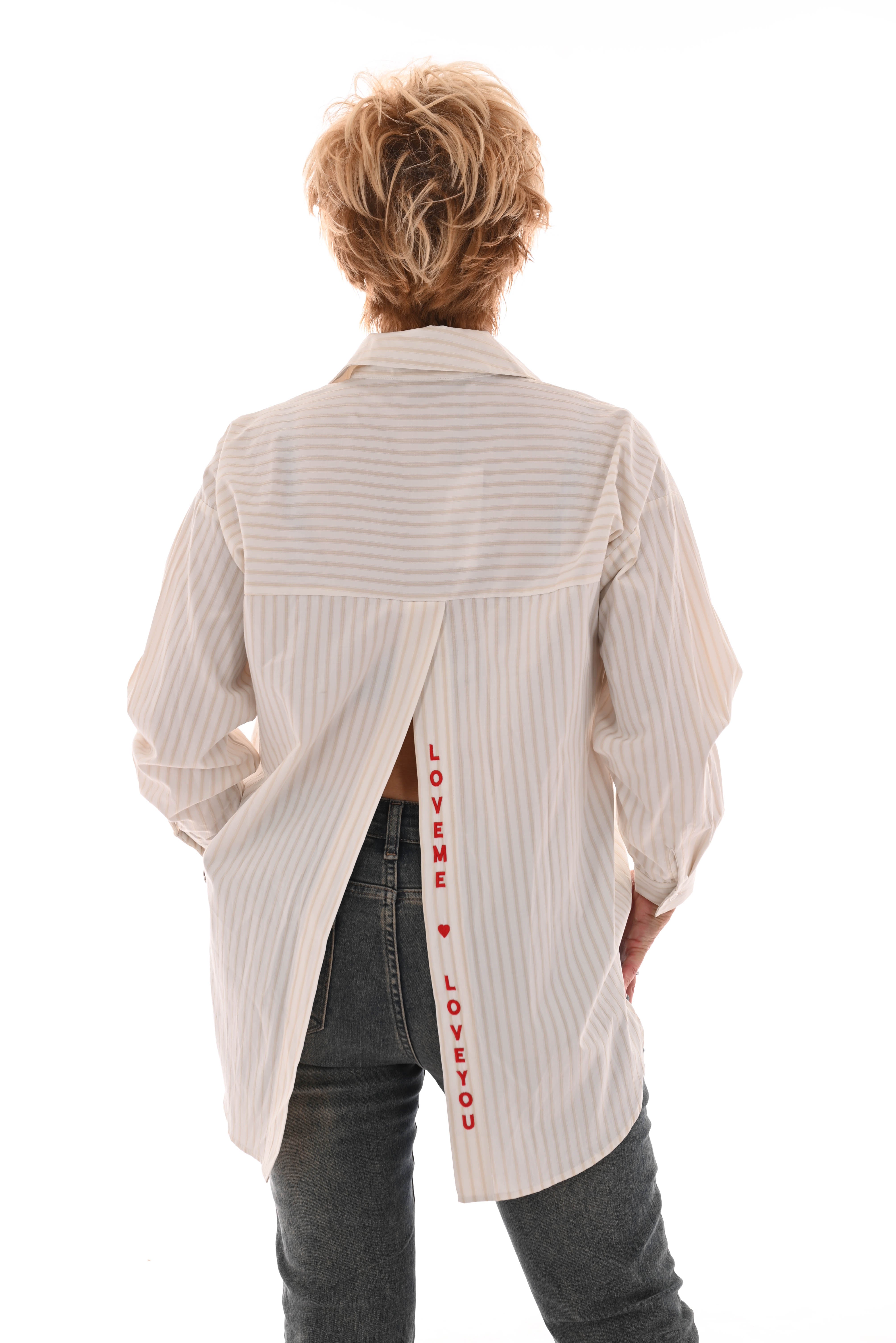 Gestreepte blouse open rug 'Love me' wit