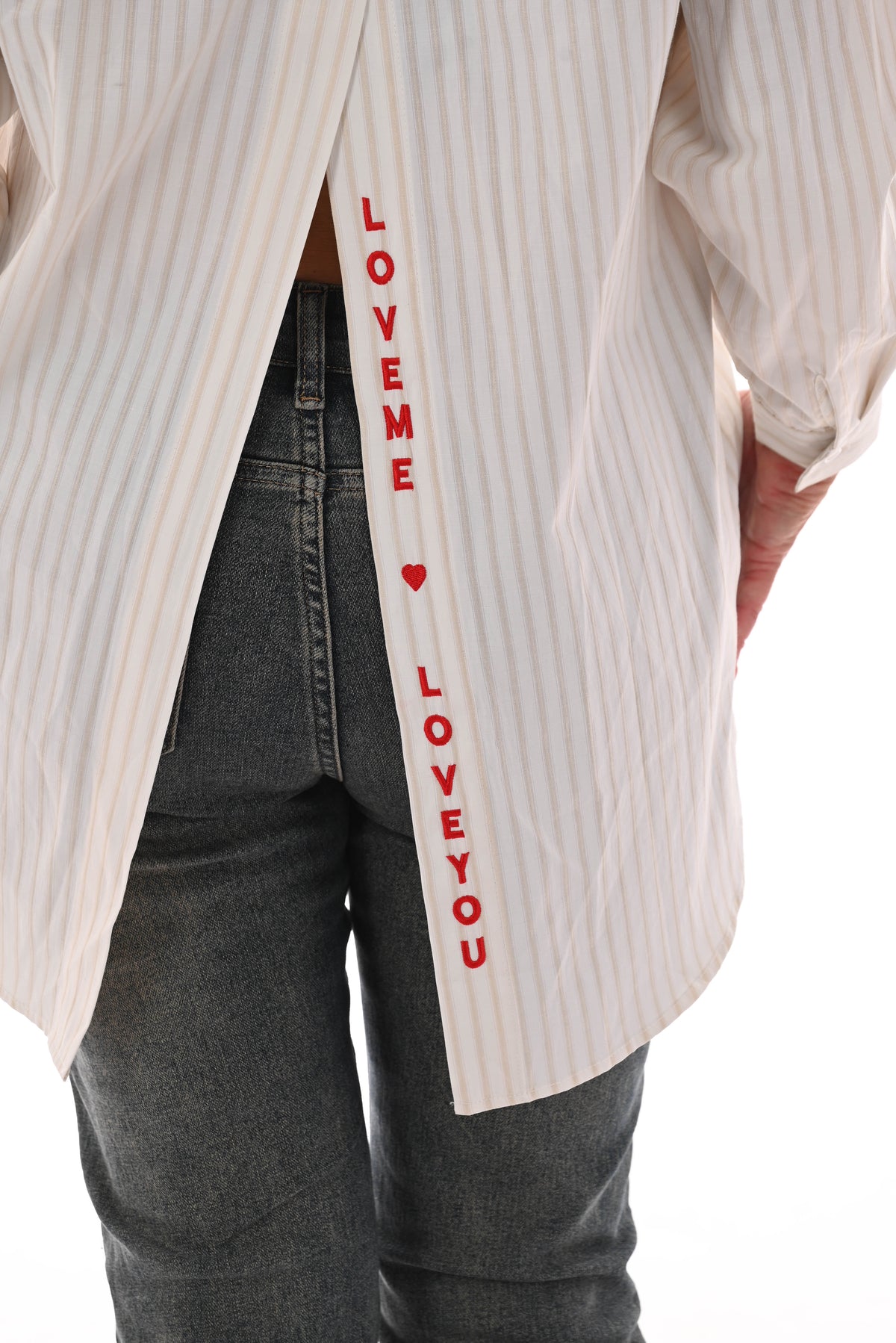 Gestreepte blouse open rug 'Love me' wit