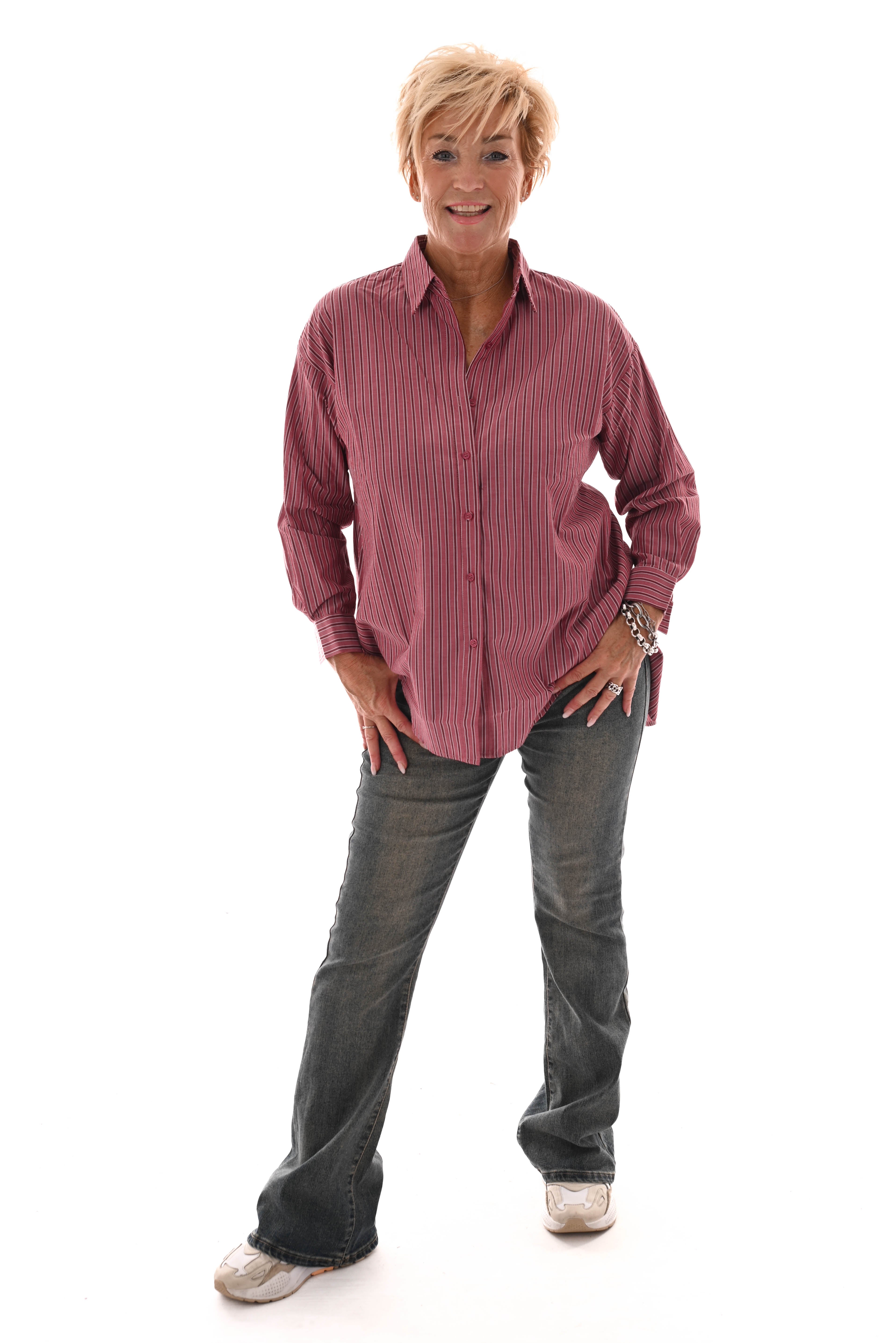 Gestreepte blouse open rug 'Love me' rood