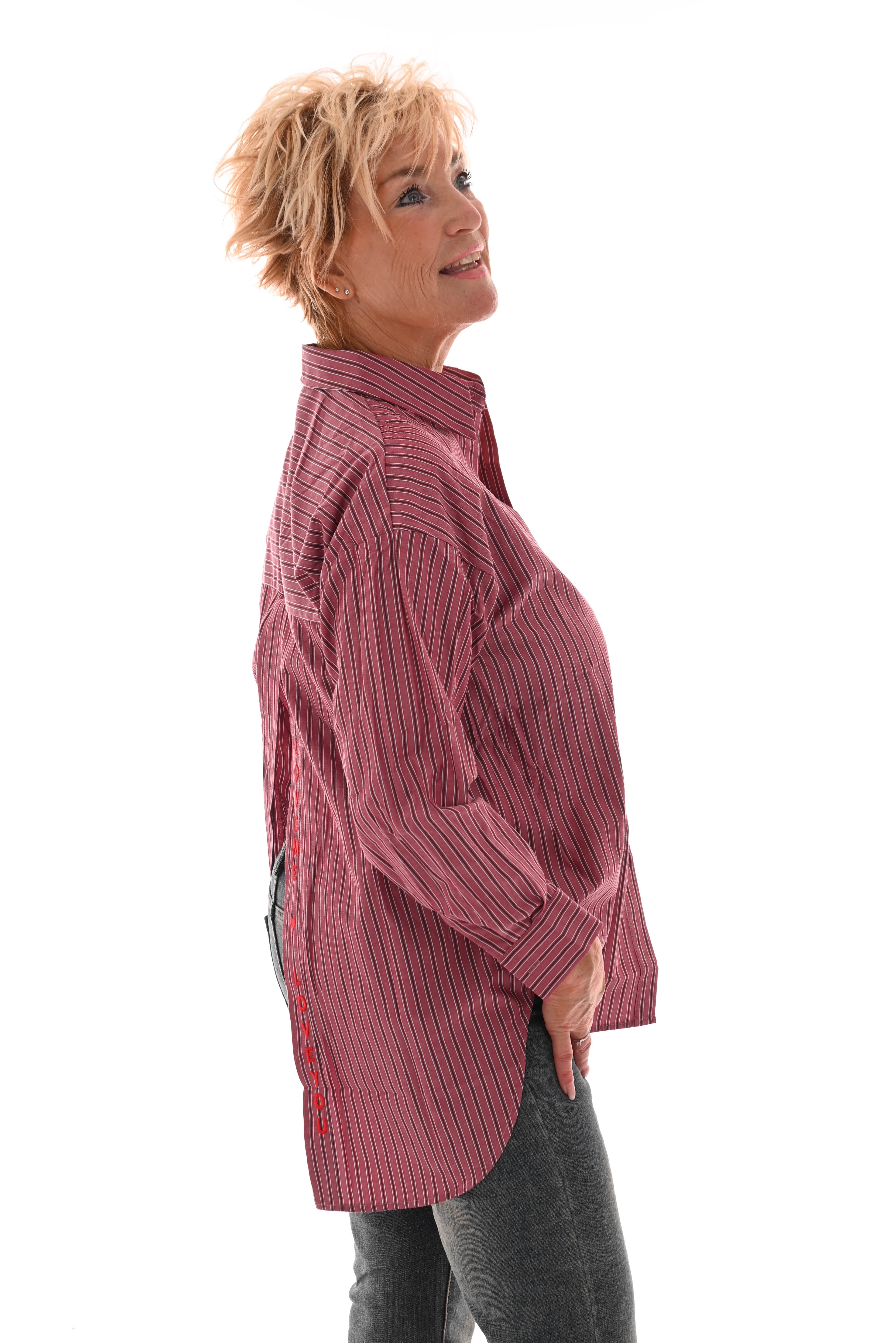 Gestreepte blouse open rug 'Love me' rood