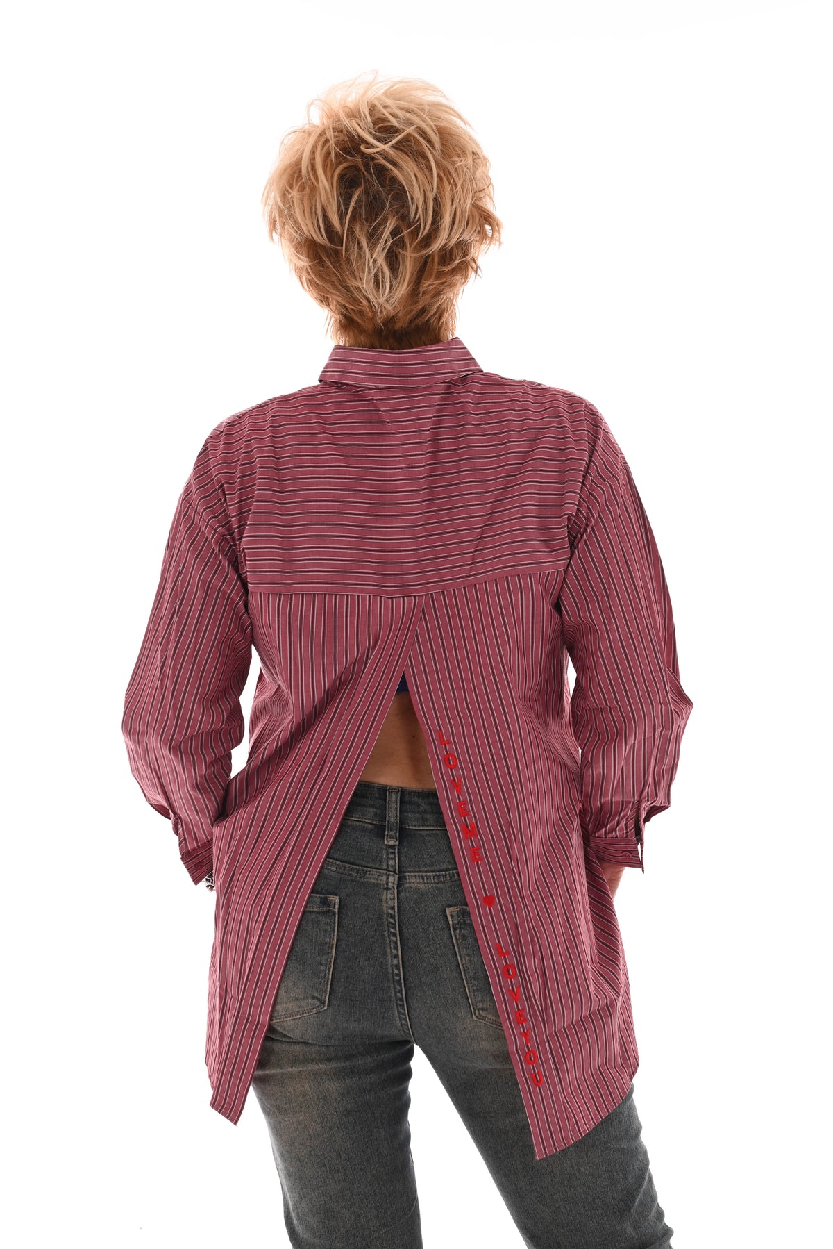 Gestreepte blouse open rug 'Love me' rood