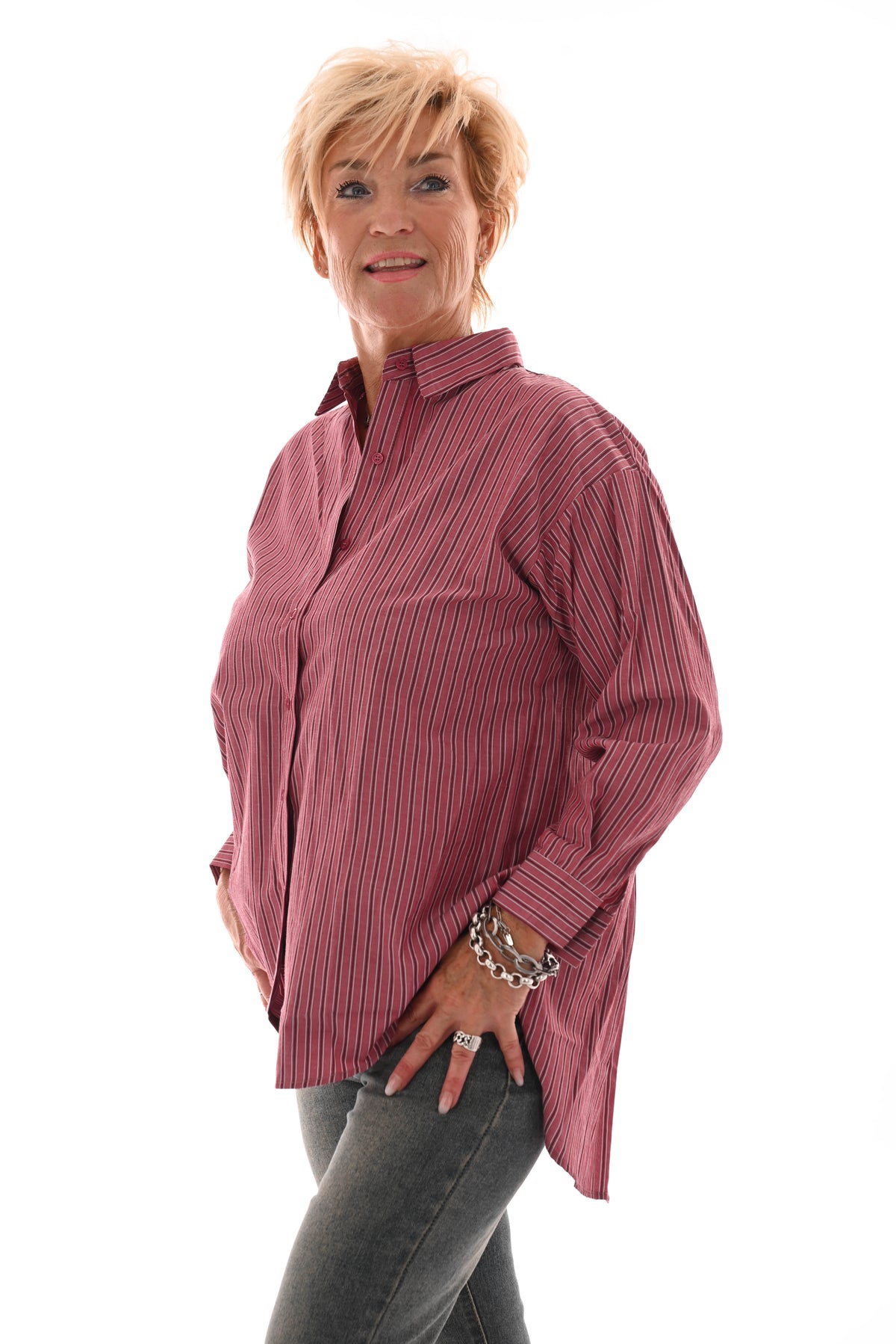 Gestreepte blouse open rug 'Love me' rood
