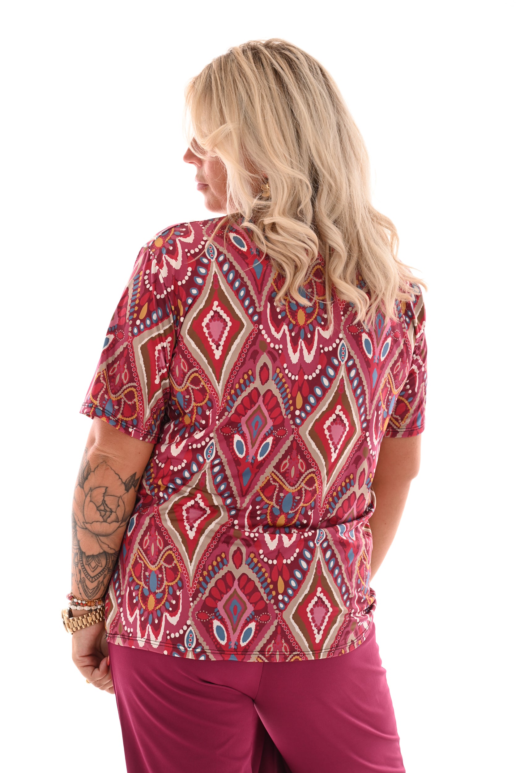 Top travel met rits paisley roze/rood