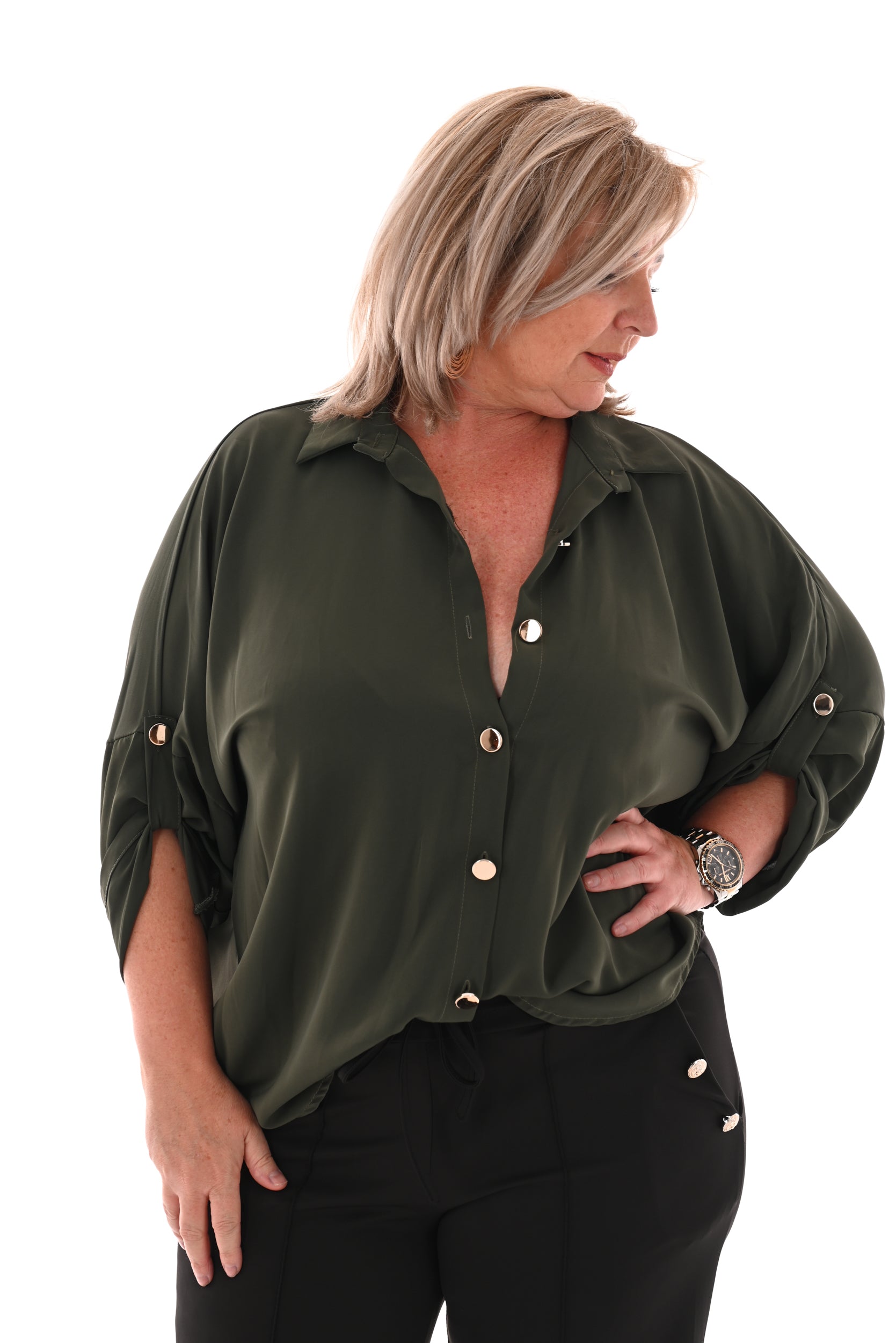 Oversized blouse ophaalmouwen legergroen