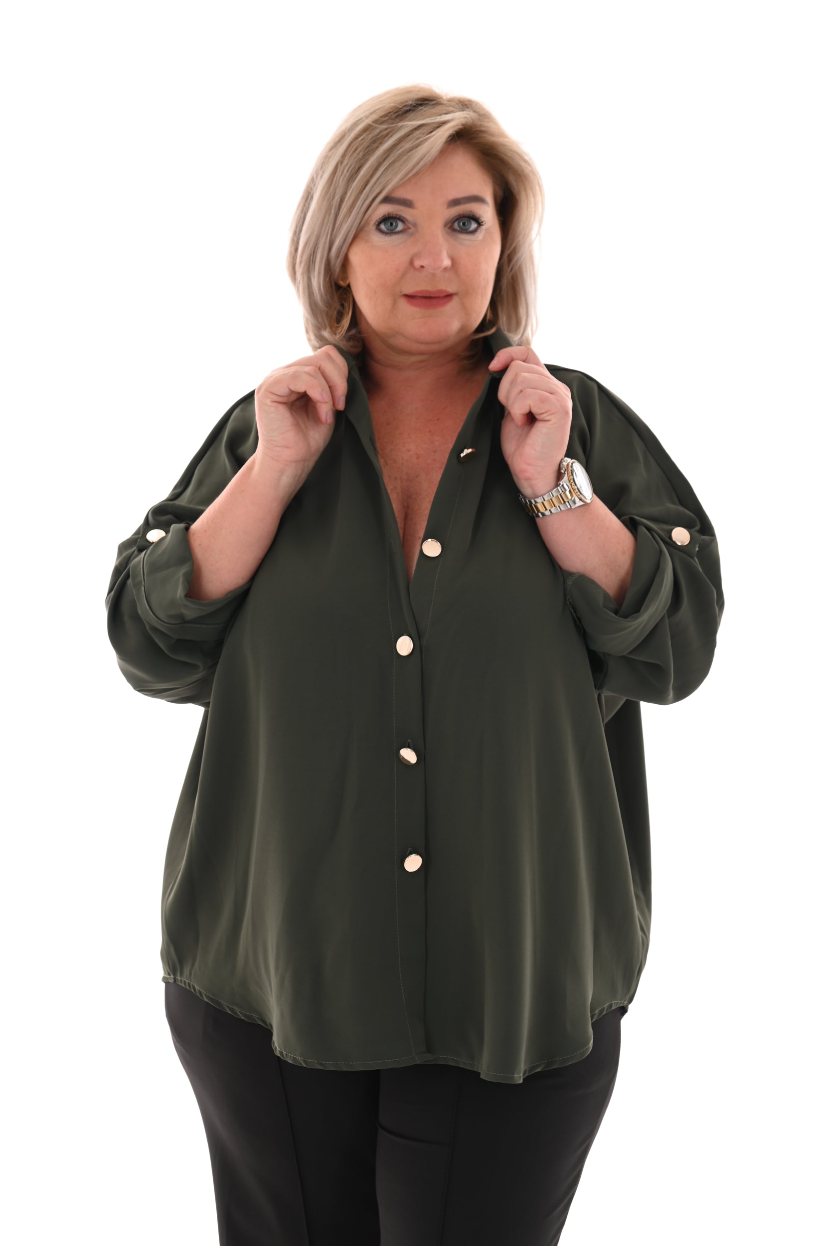 Oversized blouse ophaalmouwen legergroen