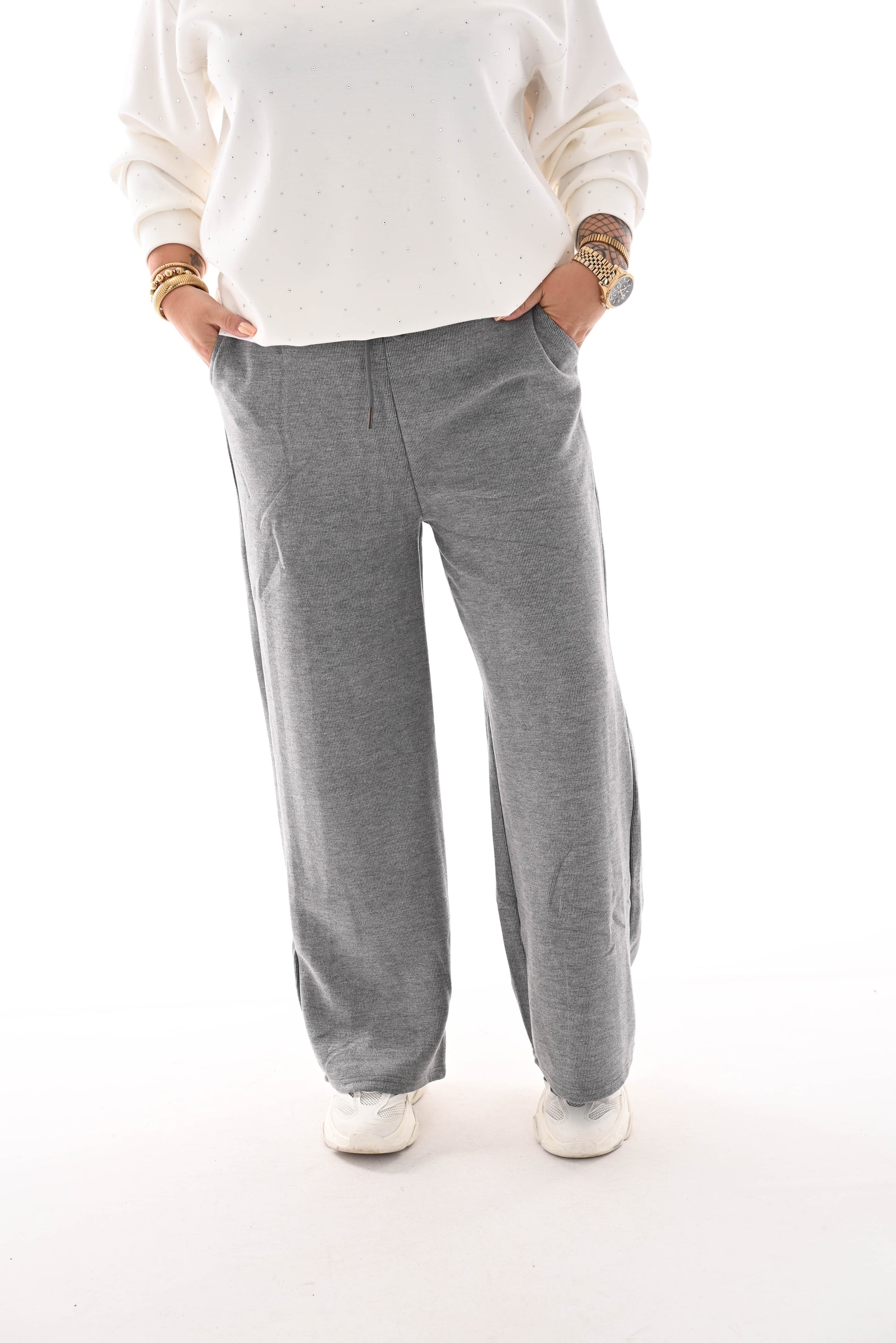 Rib straight legg joggingsbroek met thermo grijs