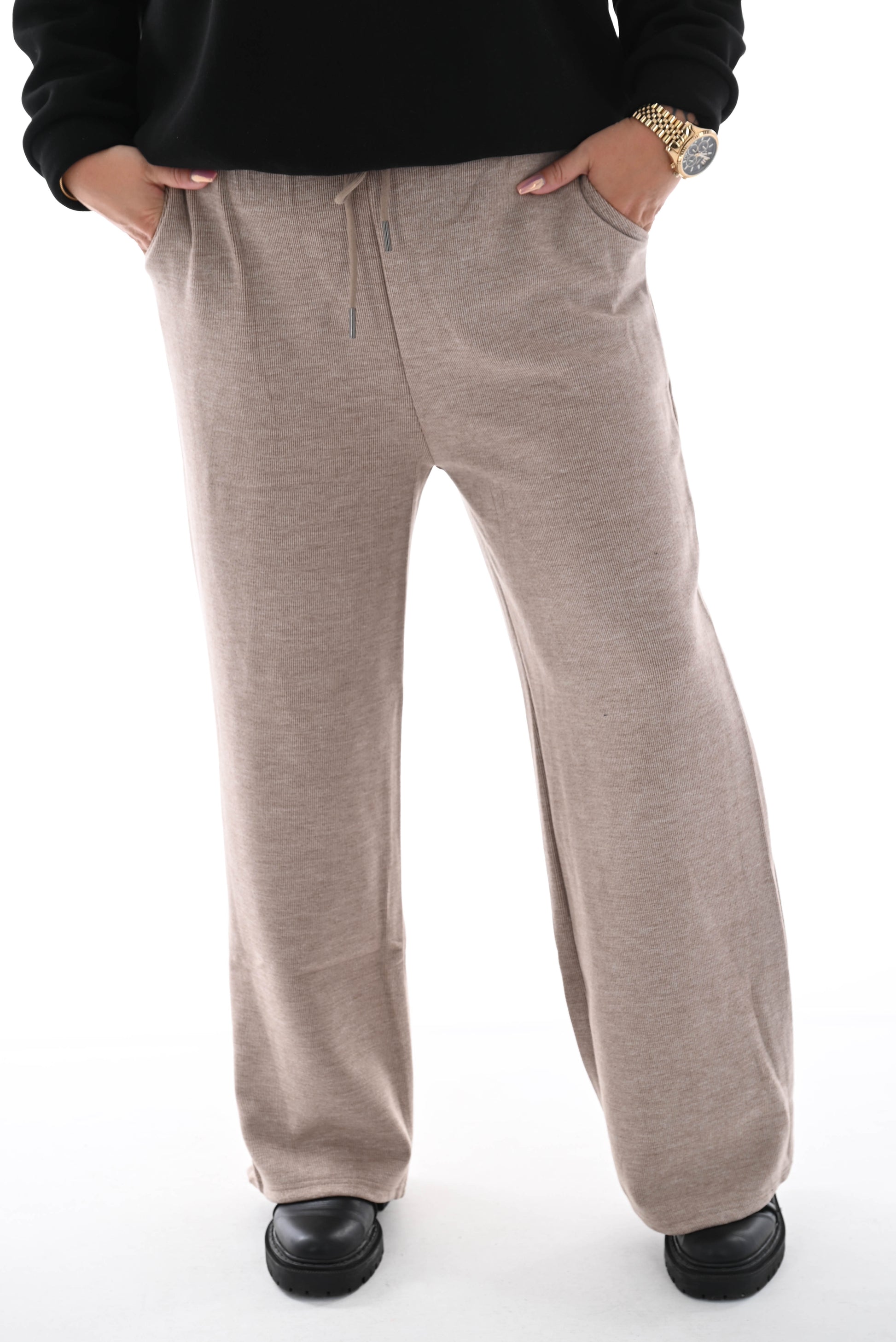 Rib straight legg joggingsbroek met thermo beige