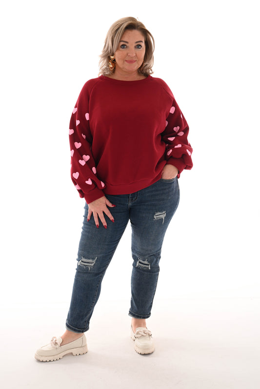 Sweater hartjes mouwen bordeaux