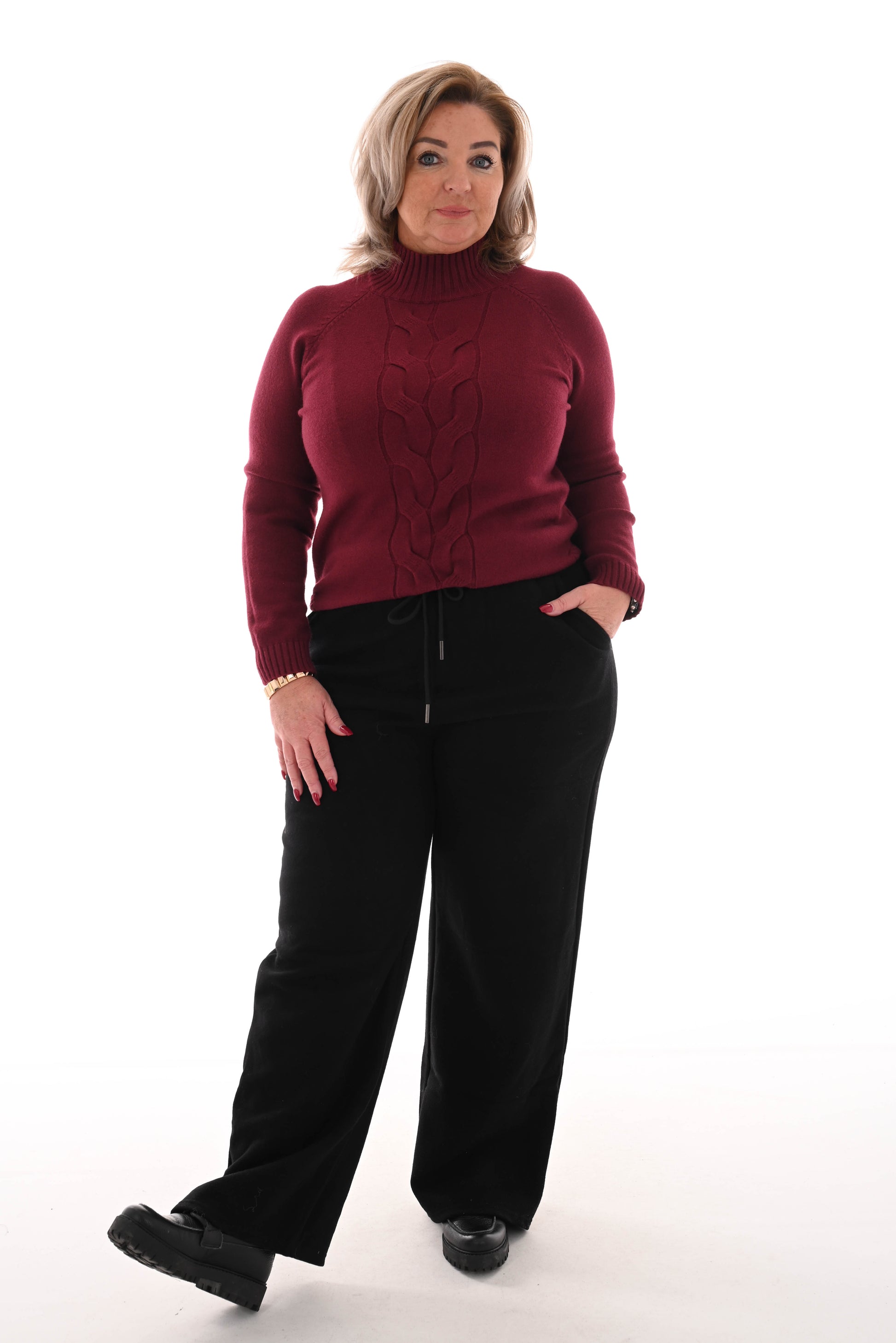 Trui turtle neck met vlecht bordeaux