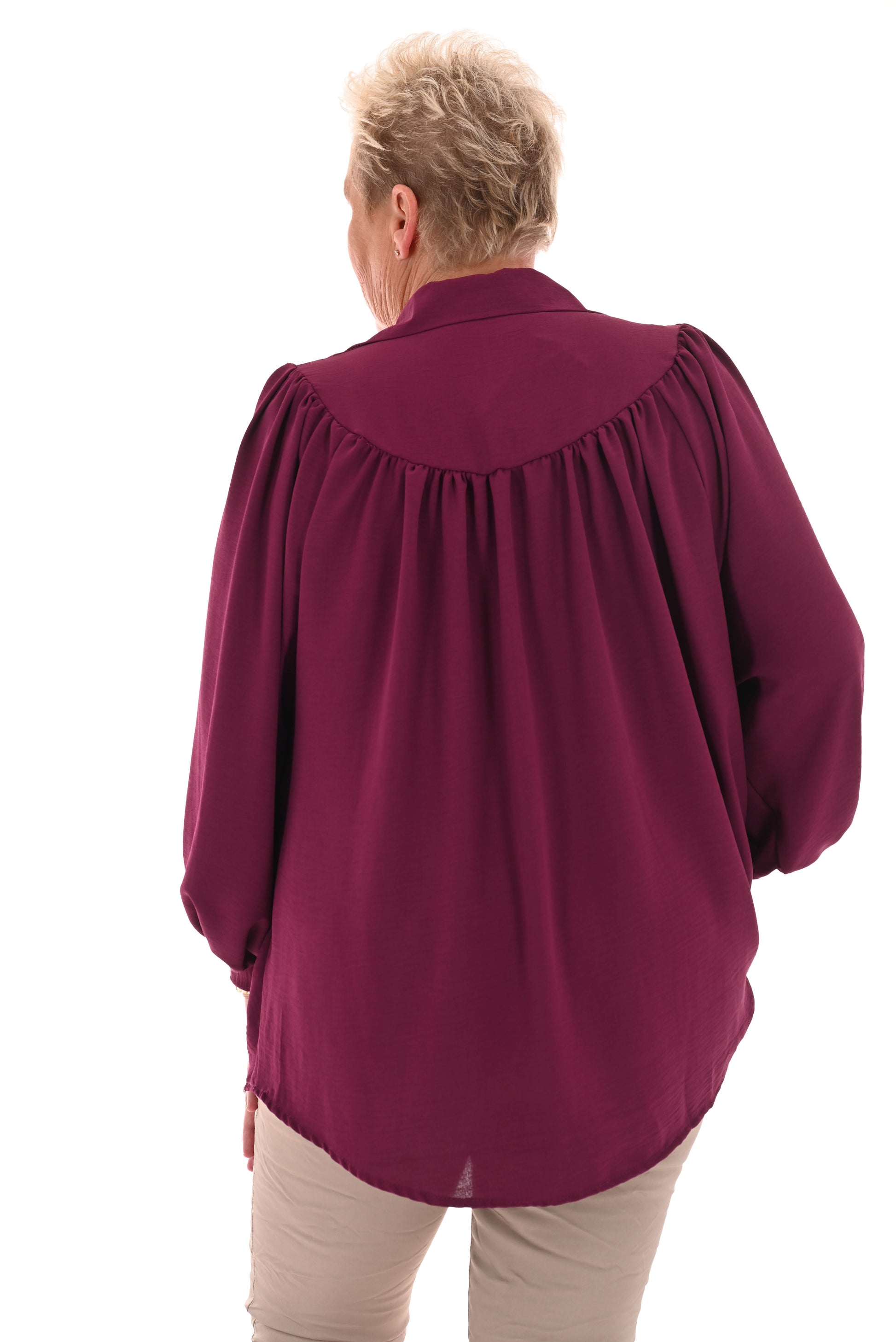 Blouse pofmouw met gouden knopen aubergine