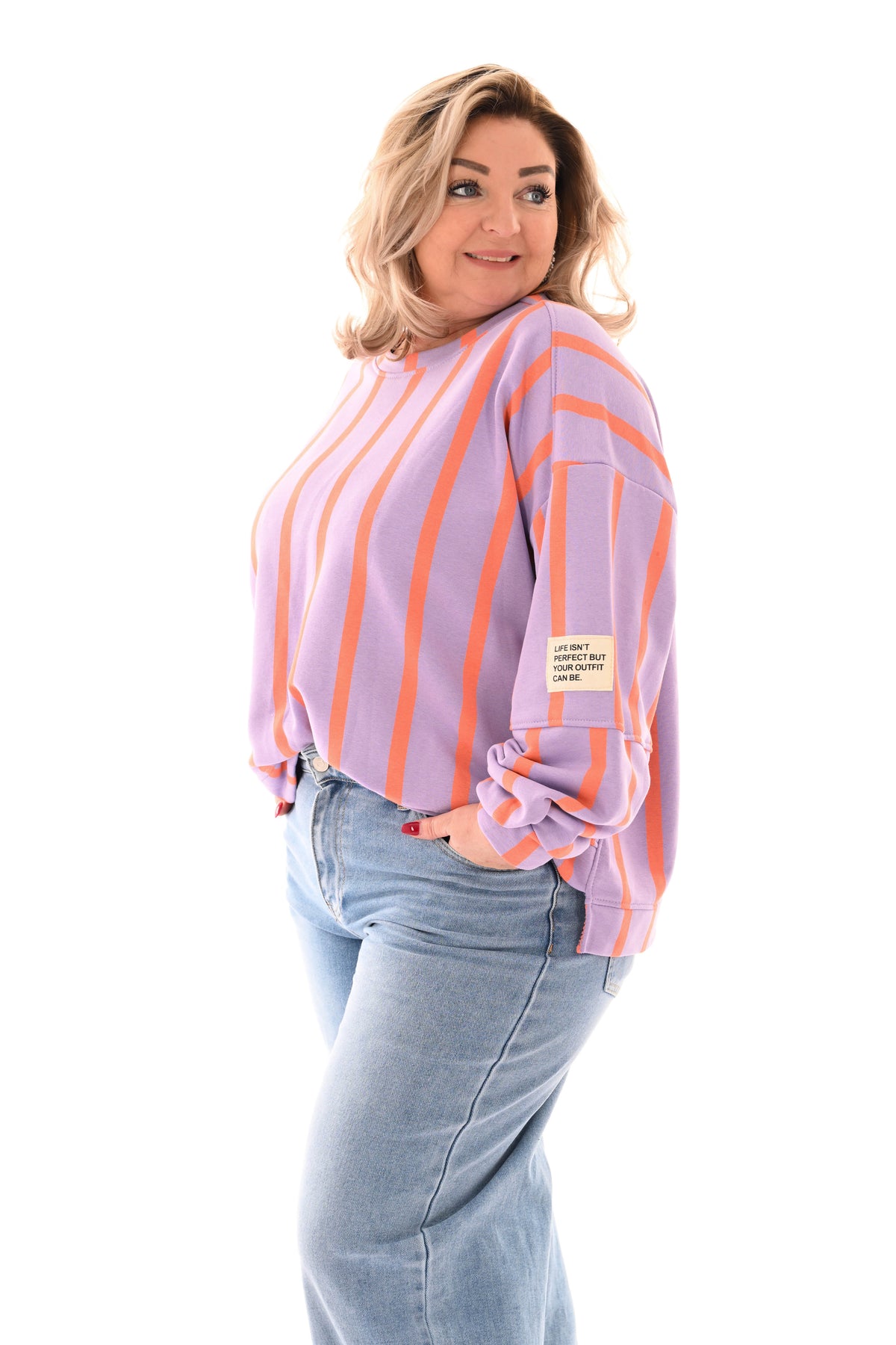 Sweater applicatie en strepen lila