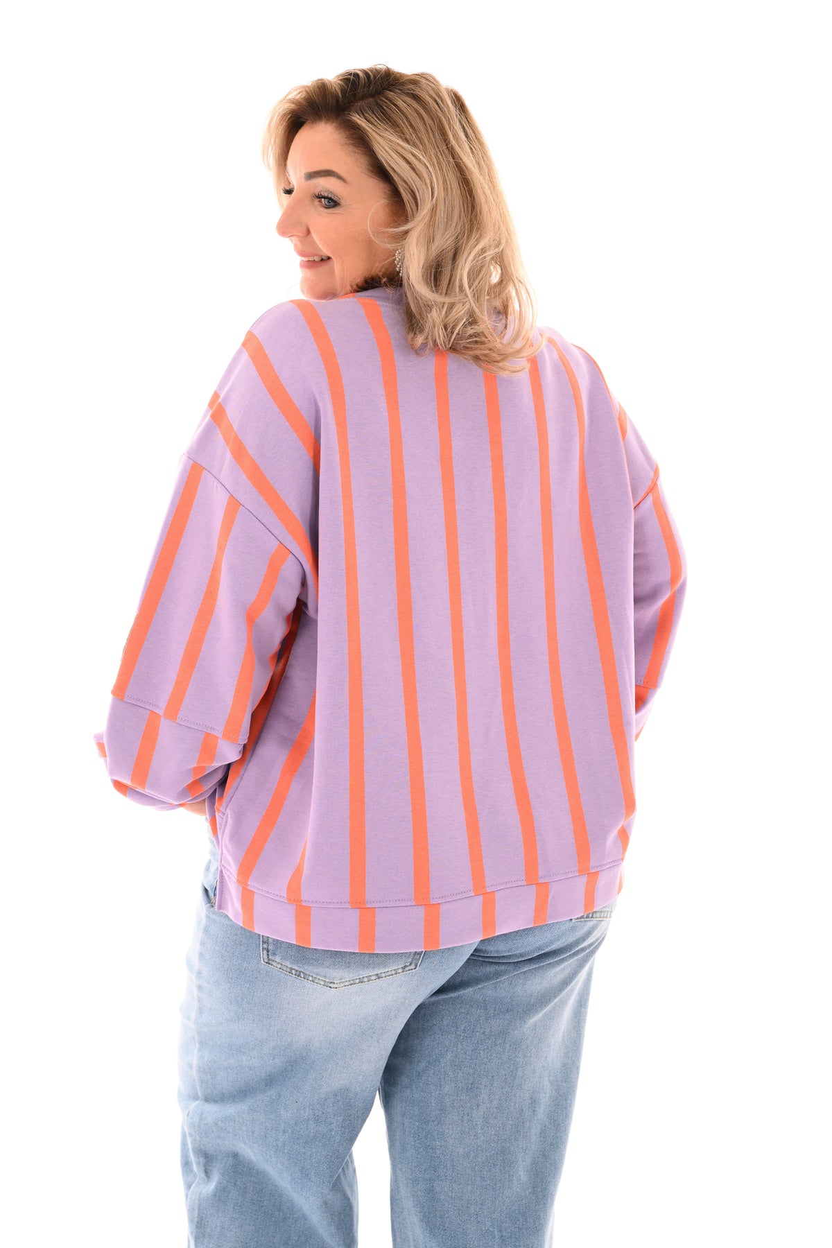 Sweater applicatie en strepen lila
