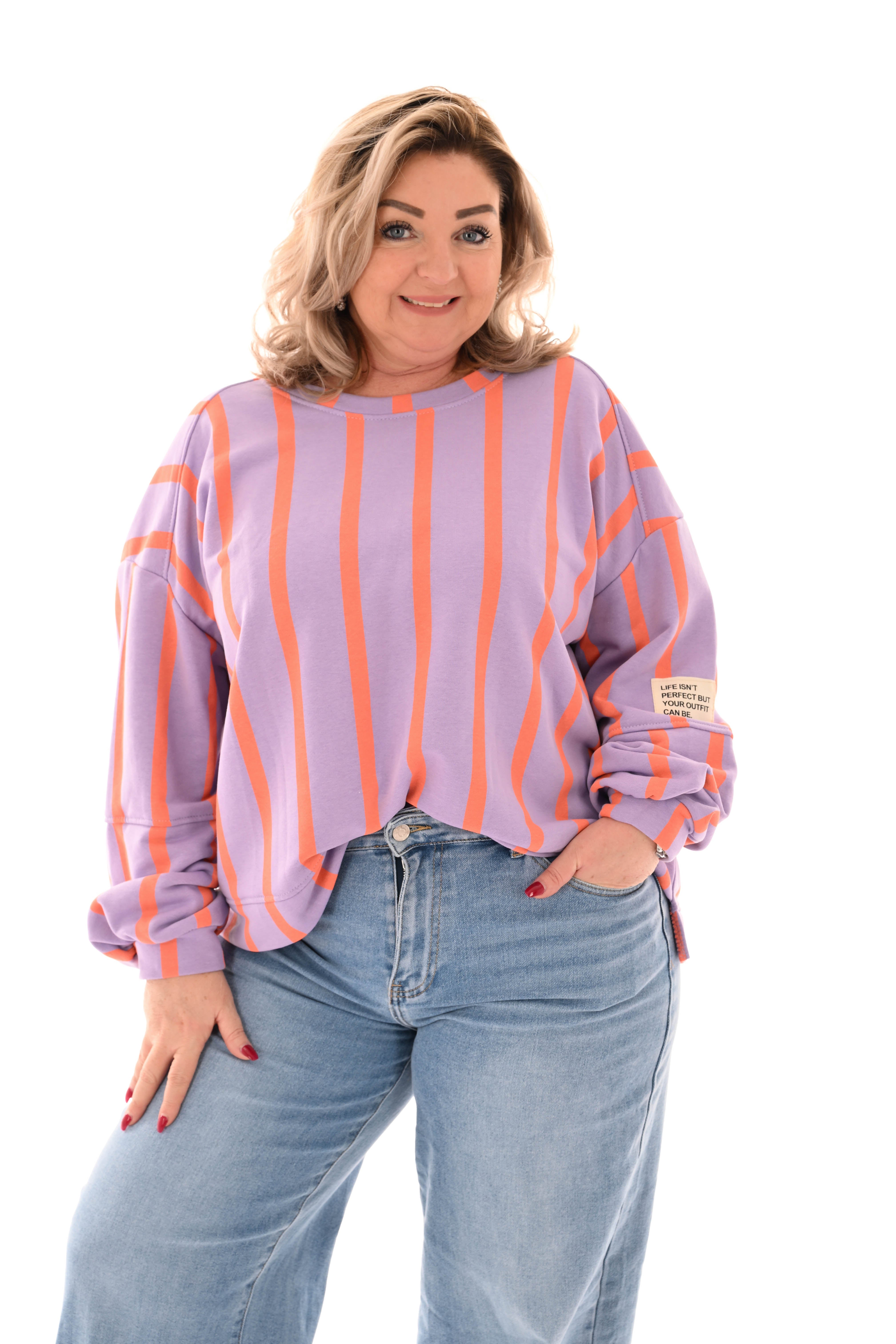 Sweater applicatie en strepen lila