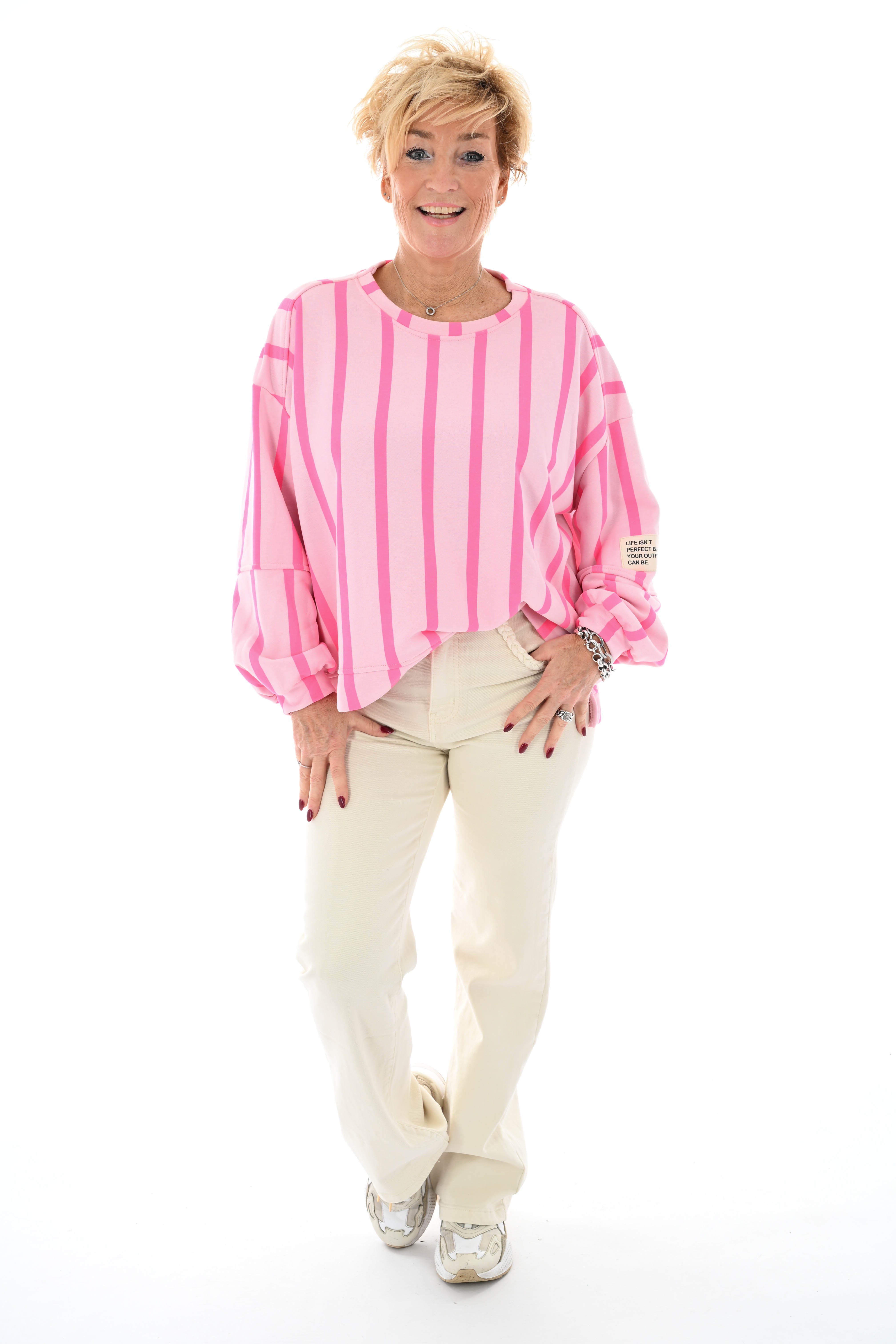 Sweater applicatie en strepen lichtroze