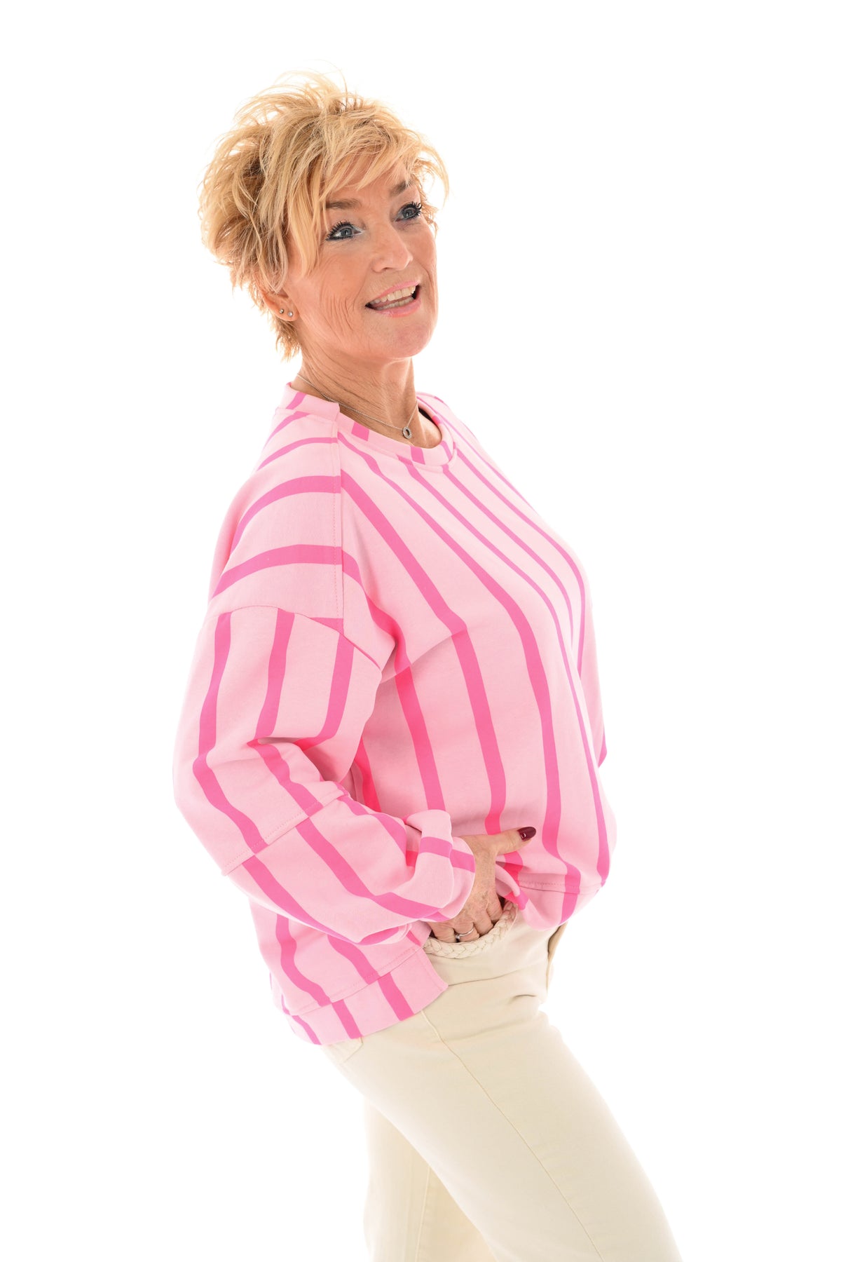 Sweater applicatie en strepen lichtroze