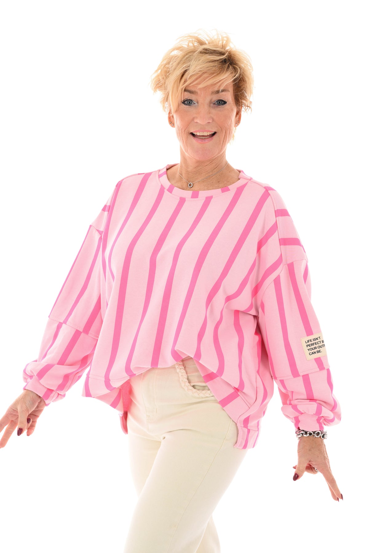 Sweater applicatie en strepen lichtroze