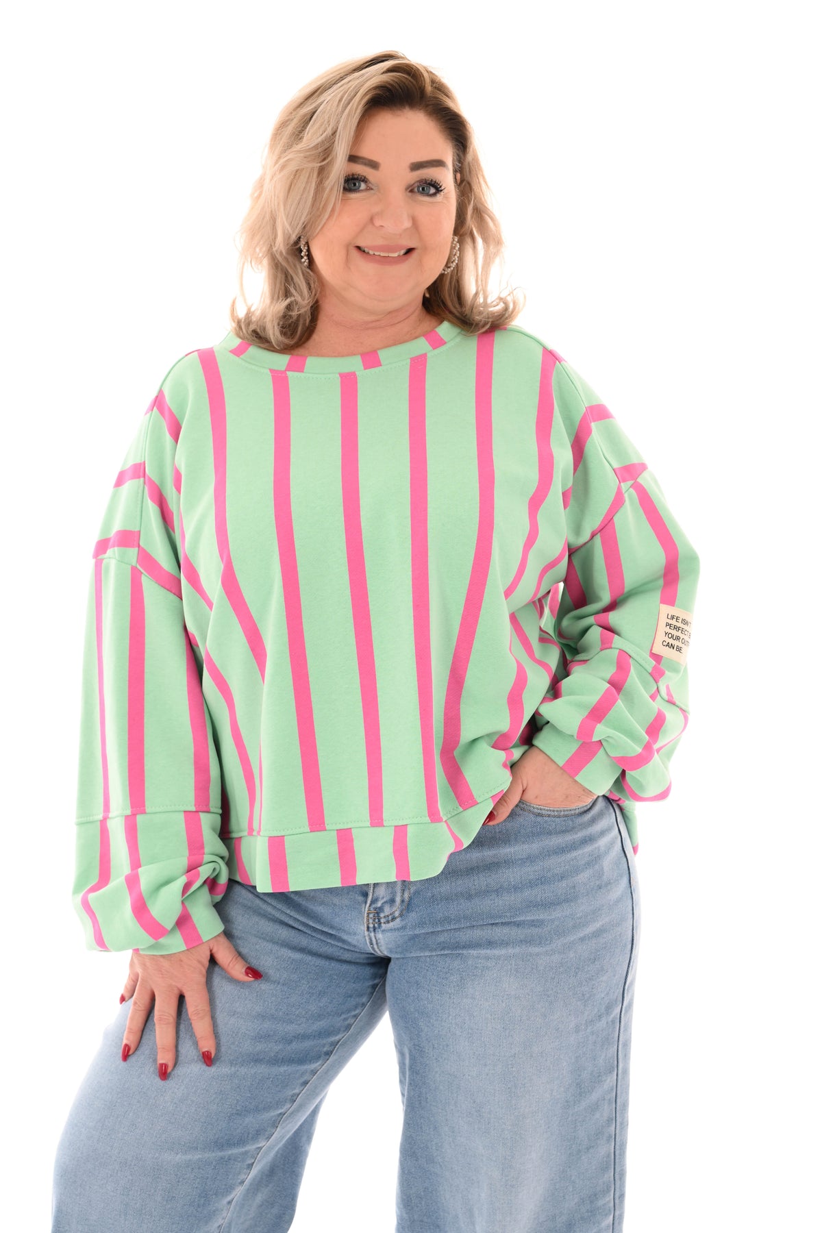 Sweater applicatie en strepen mintgroen