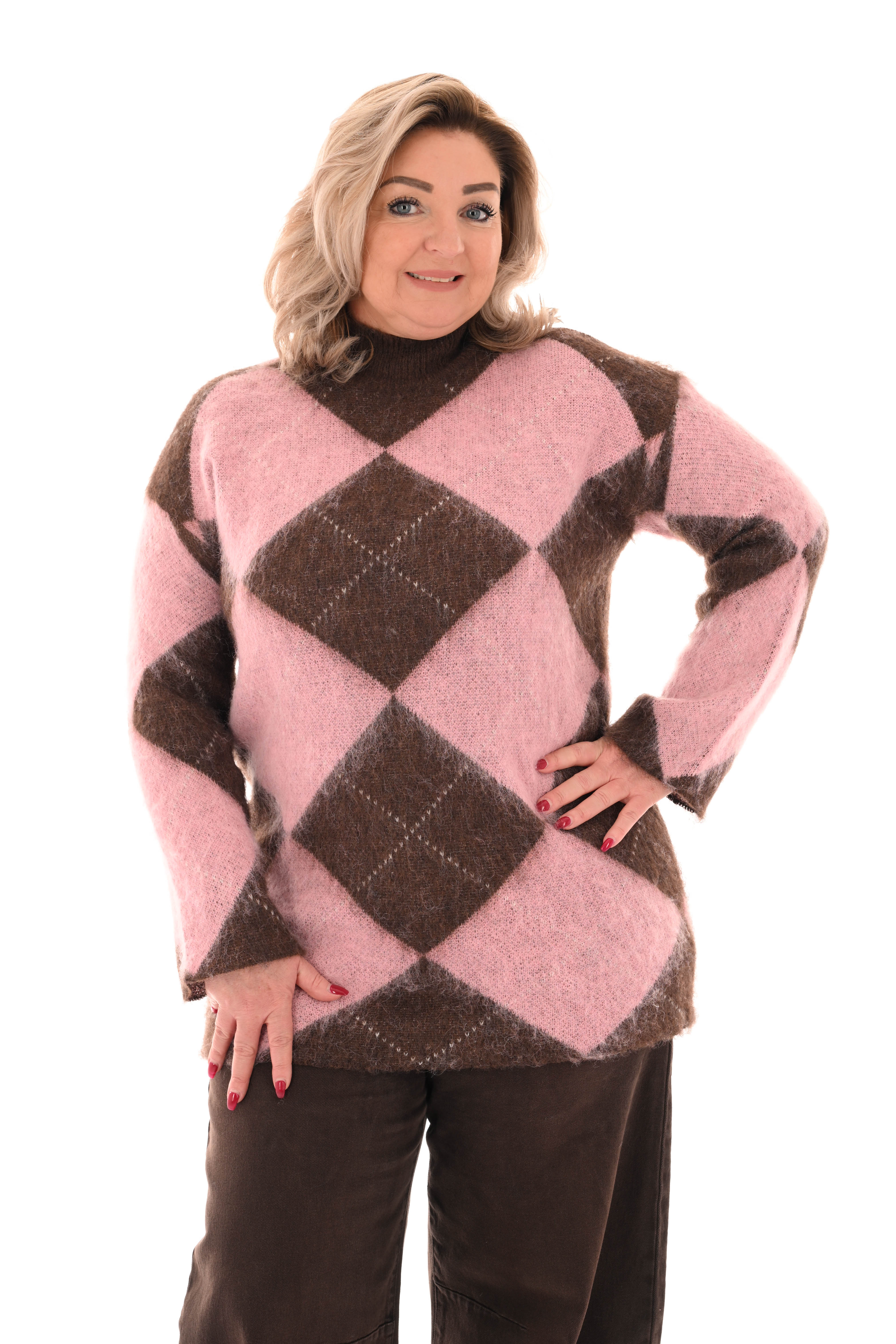 Trui ruitpatroon turtle neck lichtroze