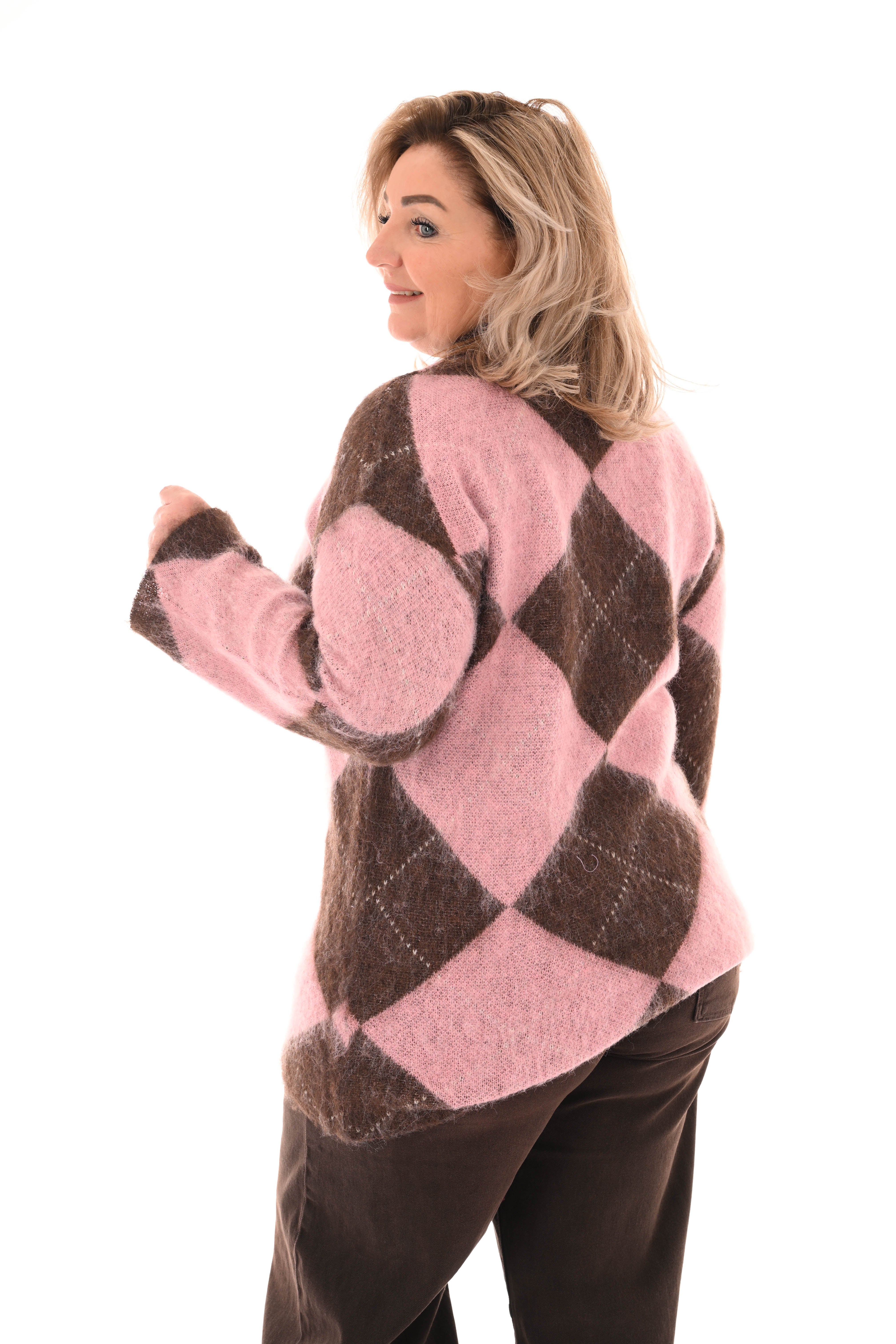 Trui ruitpatroon turtle neck lichtroze