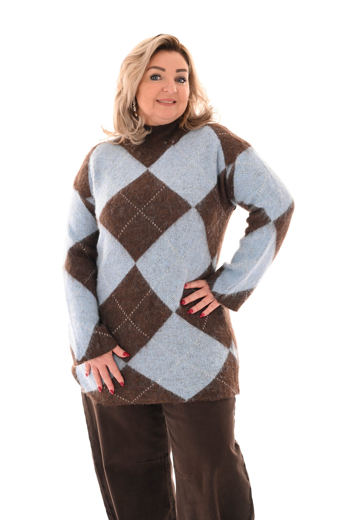 Trui ruitpatroon turtle neck lichtblauw