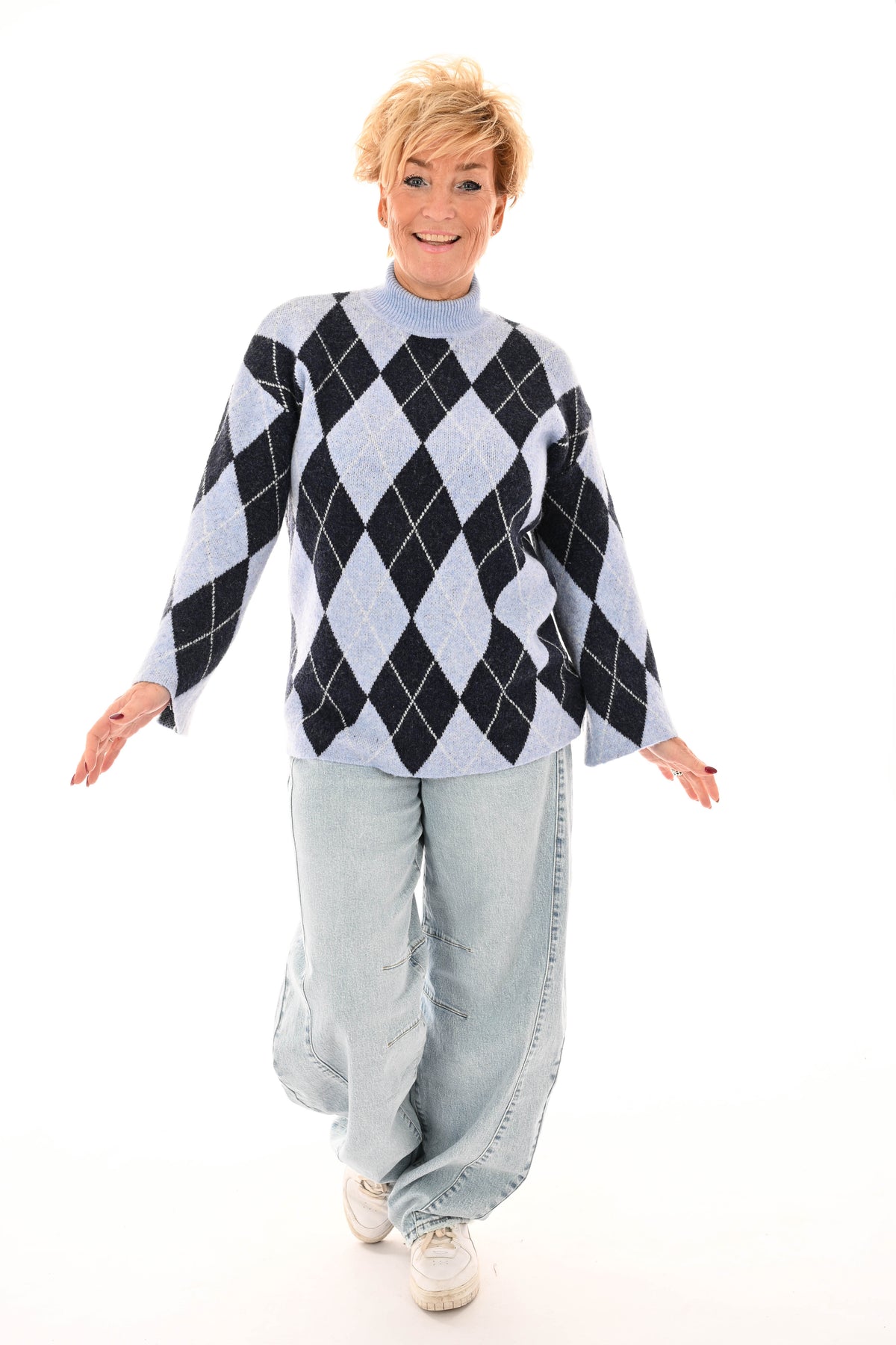 Gebreide trui ruit turtle neck blauw