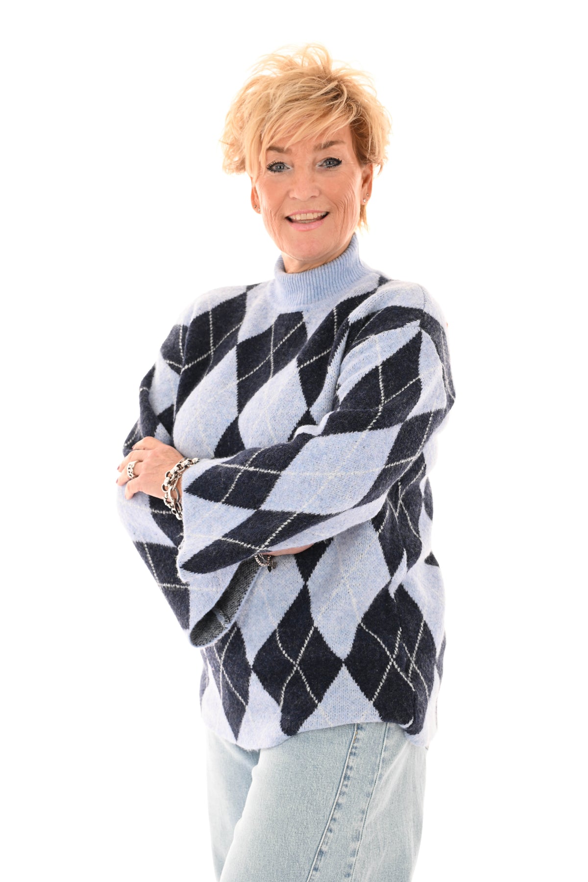 Gebreide trui ruit turtle neck blauw