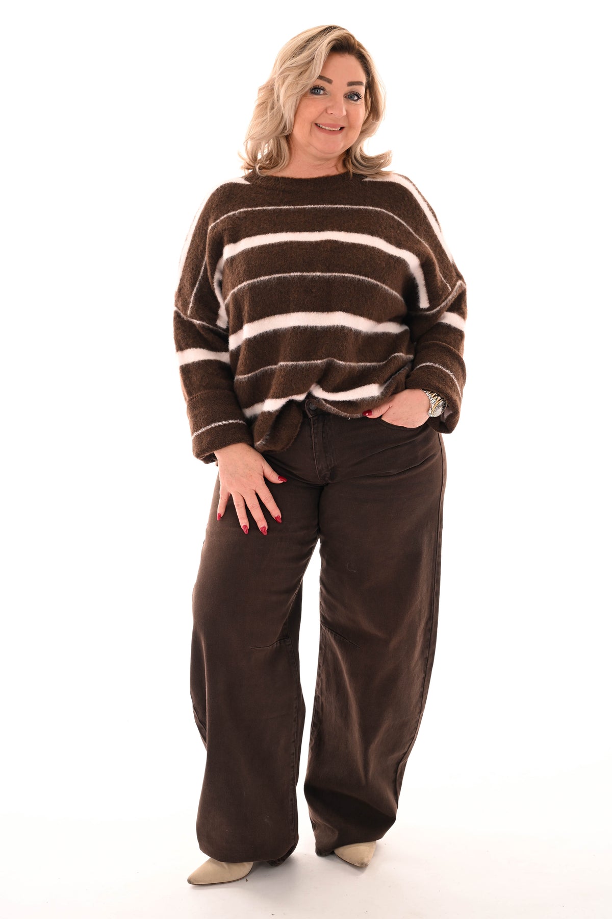 Zacht gebreide trui mix strepen bruin/roomwit