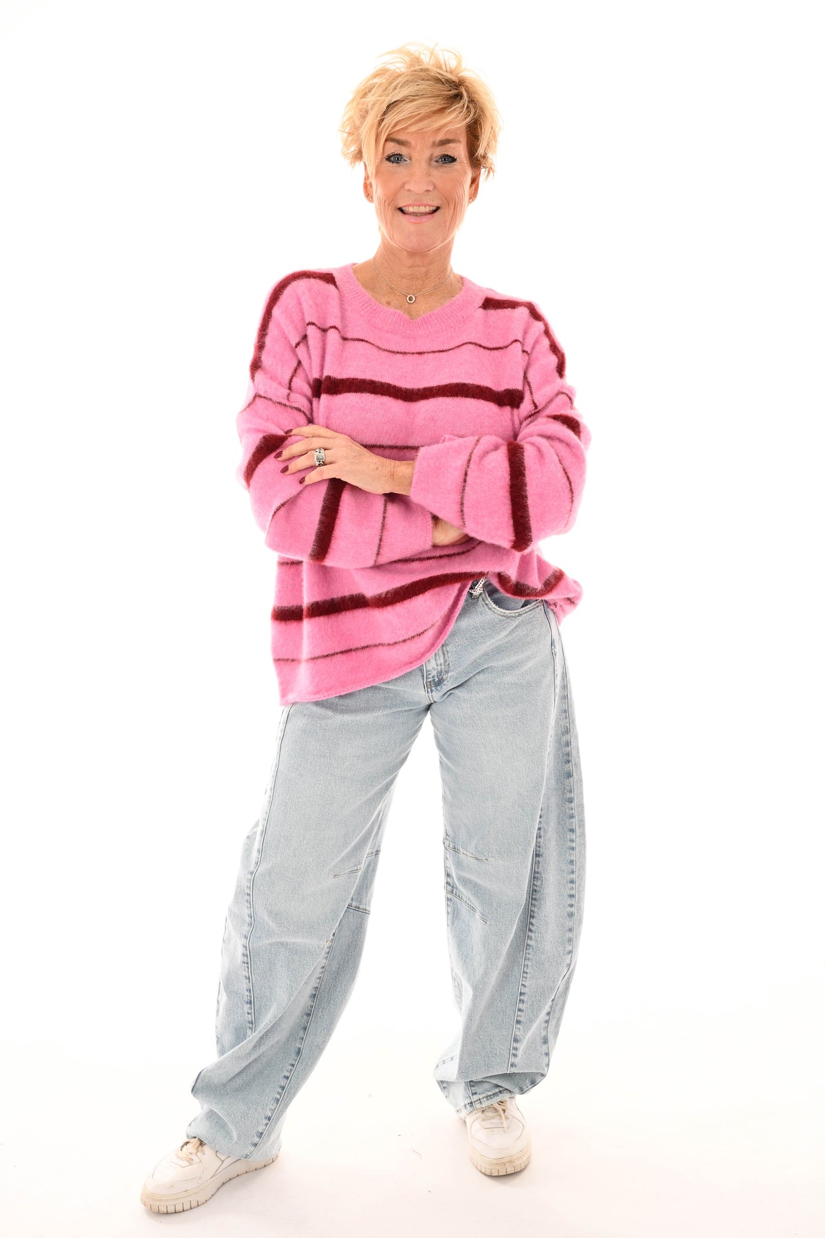 Zacht gebreide trui mix strepen roze/bordeaux