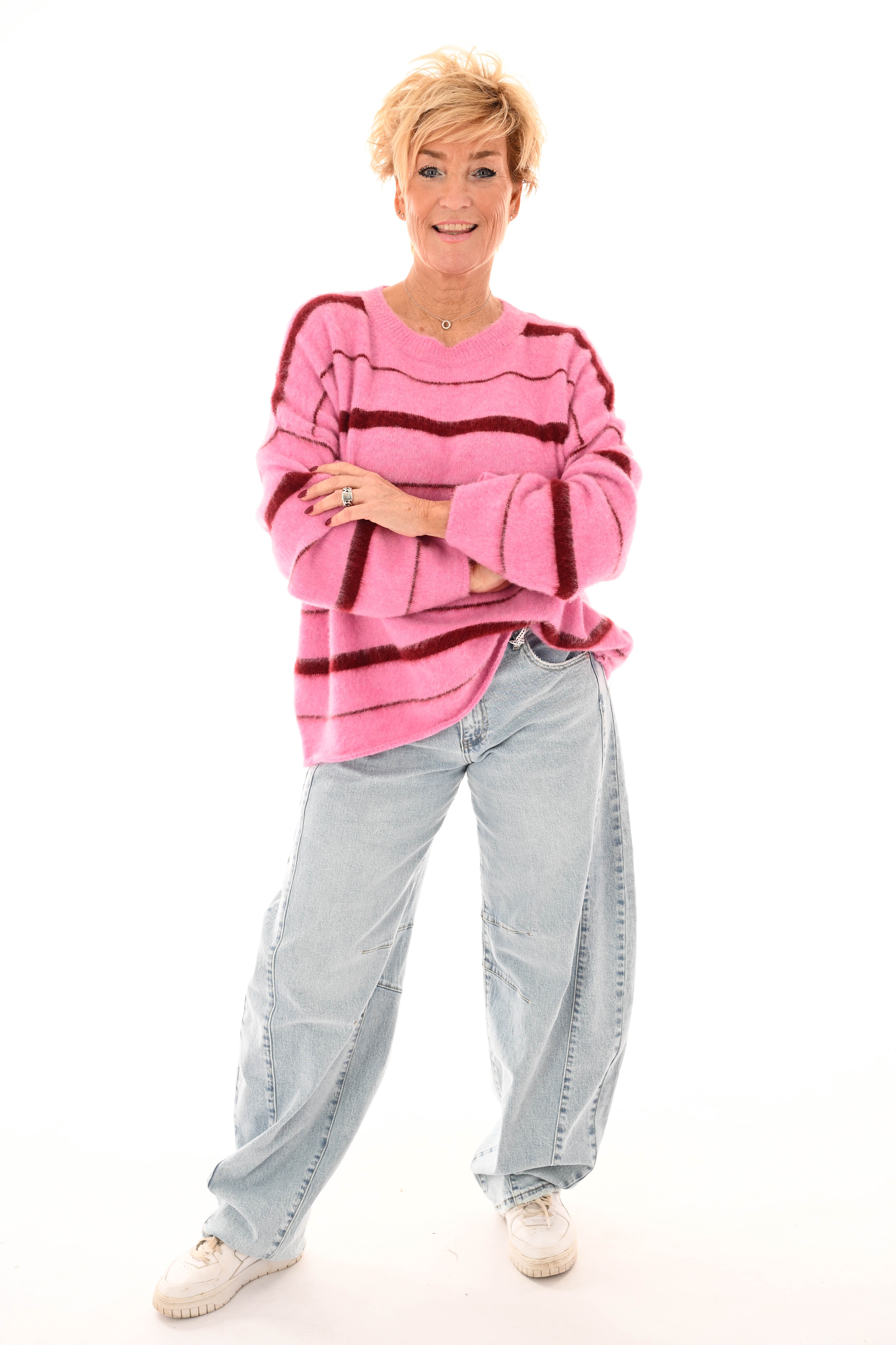 Zacht gebreide trui mix strepen roze/bordeaux