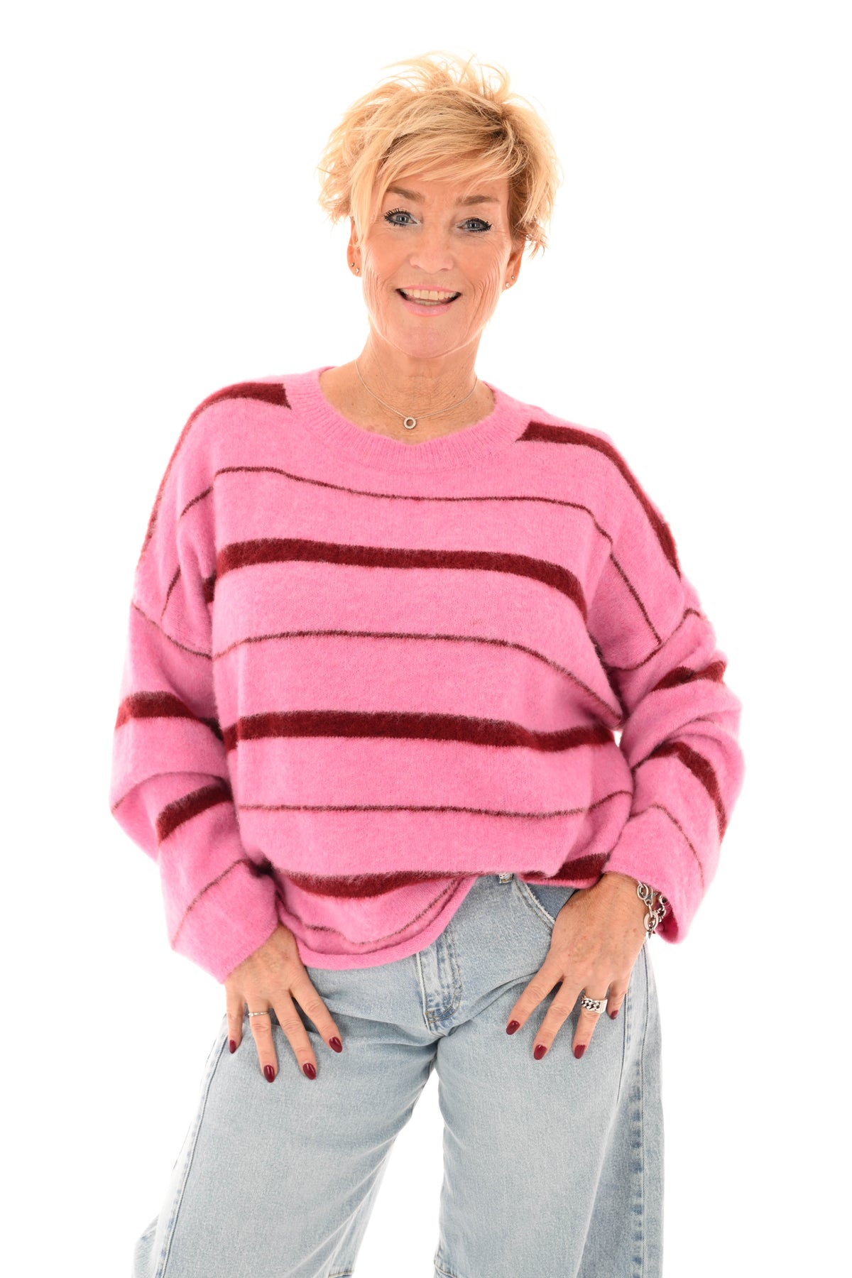 Zacht gebreide trui mix strepen roze/bordeaux