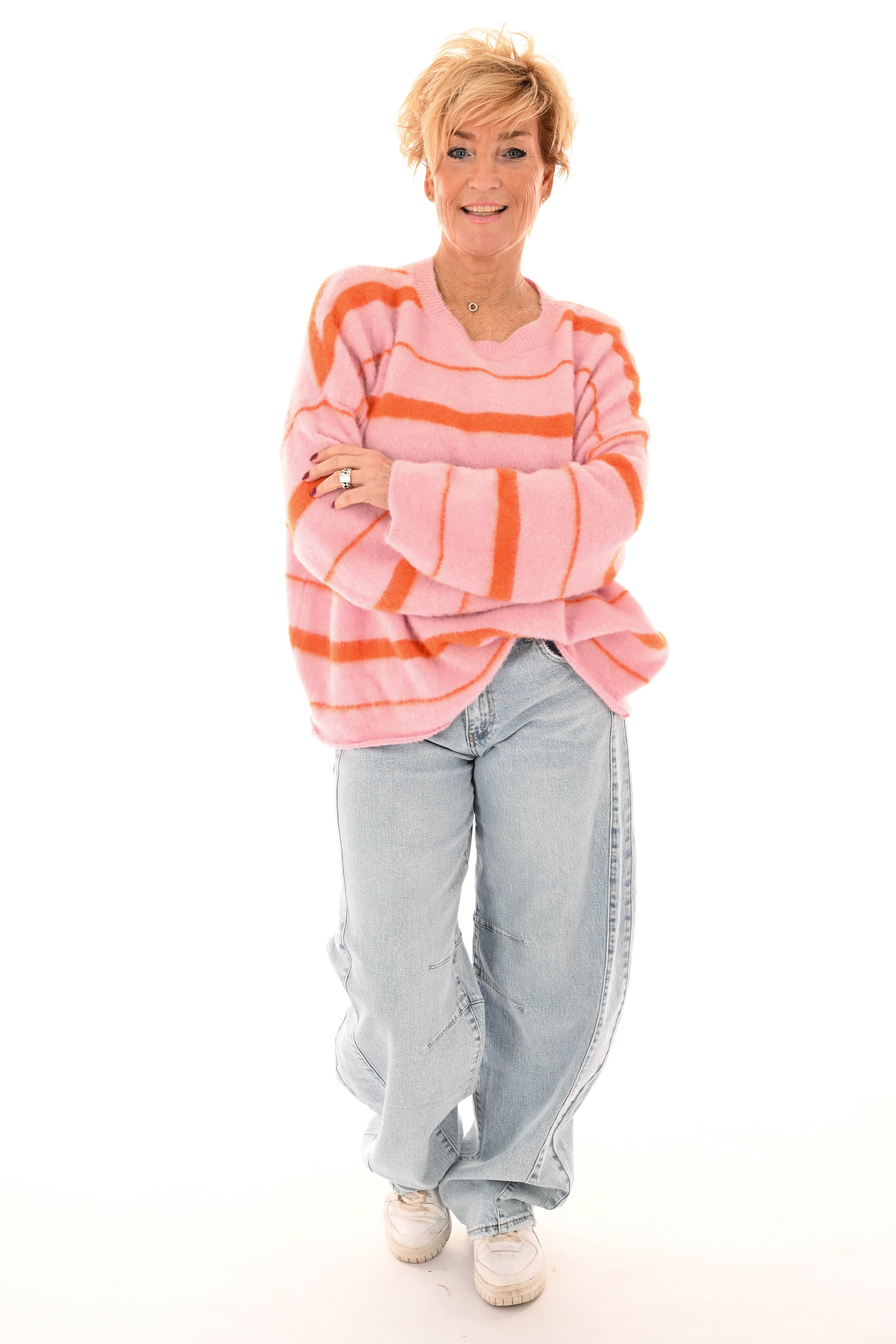 Zacht gebreide trui mix strepen lichtroze/oranje