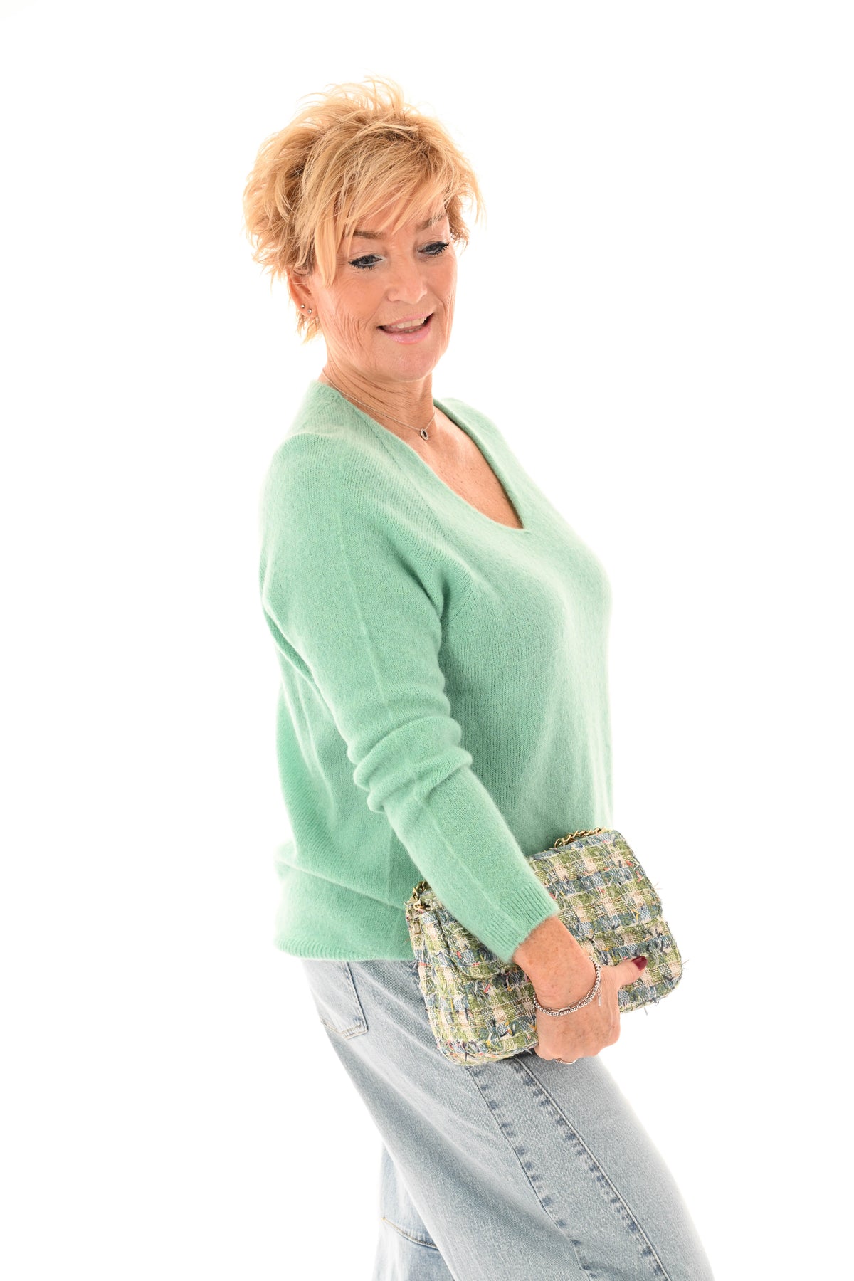 Fijn gebreide trui v-hals turquoise