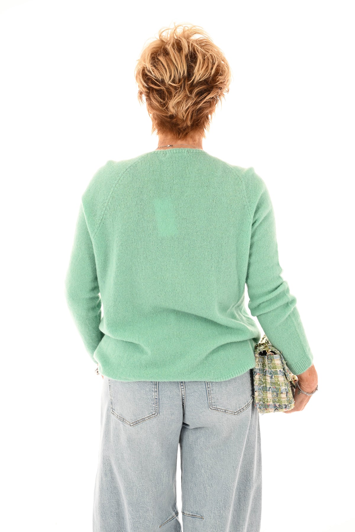 Fijn gebreide trui v-hals turquoise