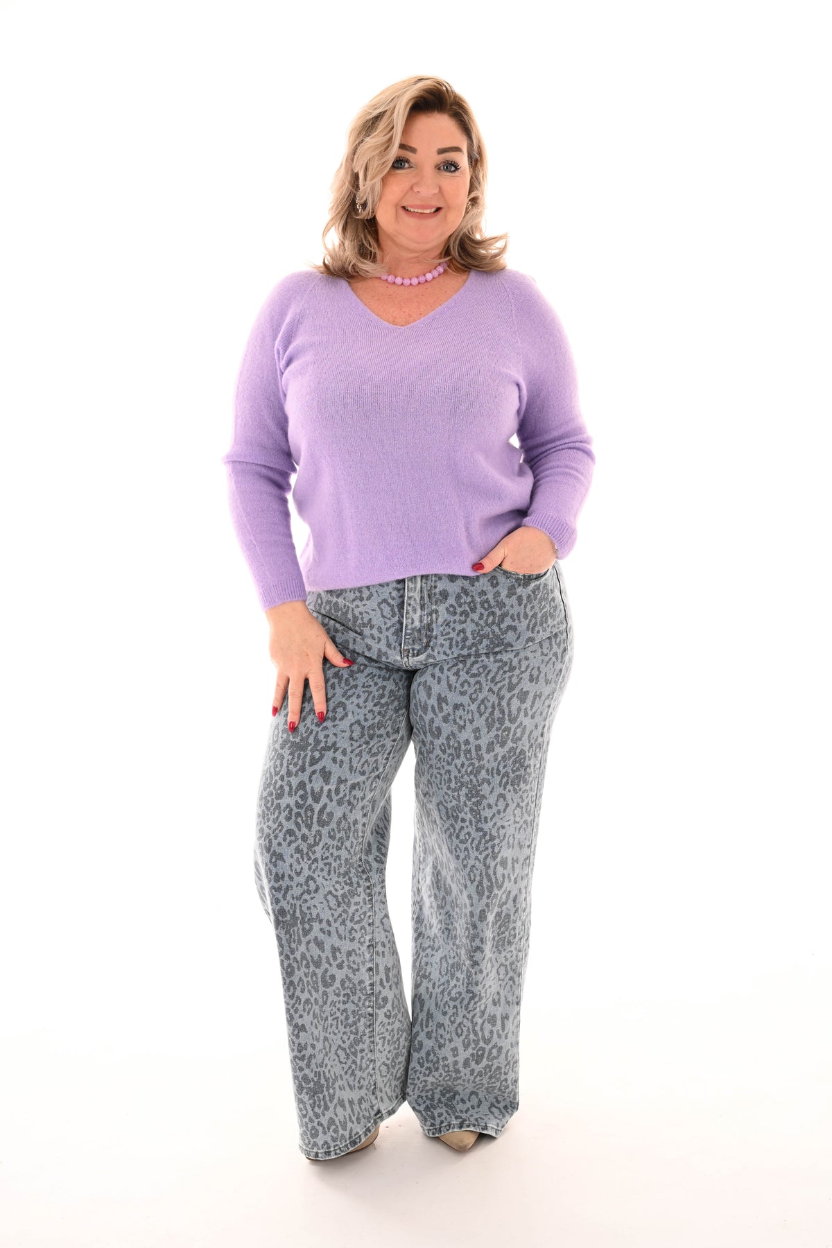 Fijn gebreide trui v-hals lila