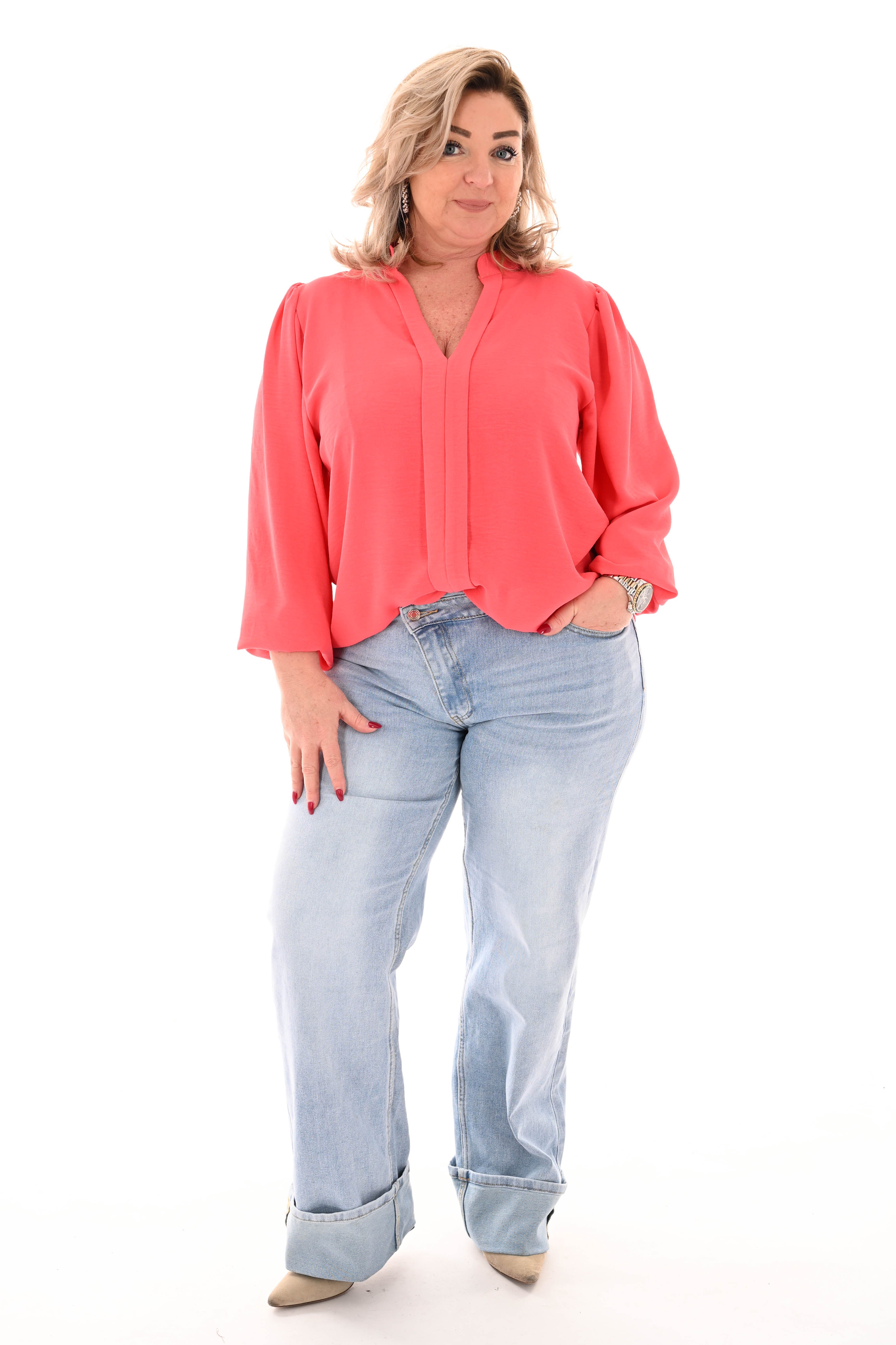 Top lange mouwen v-hals uni koraal