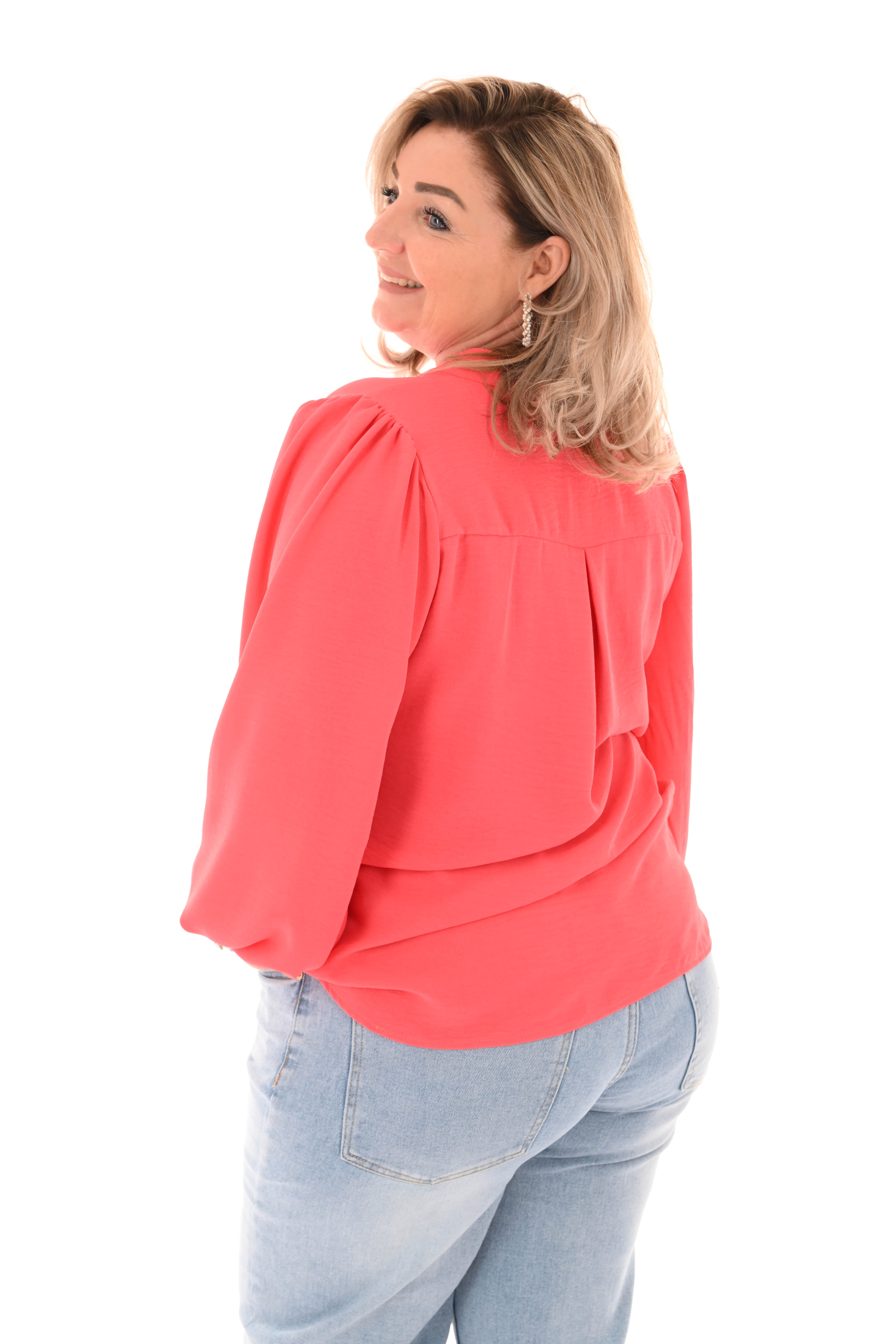 Top lange mouwen v-hals uni koraal