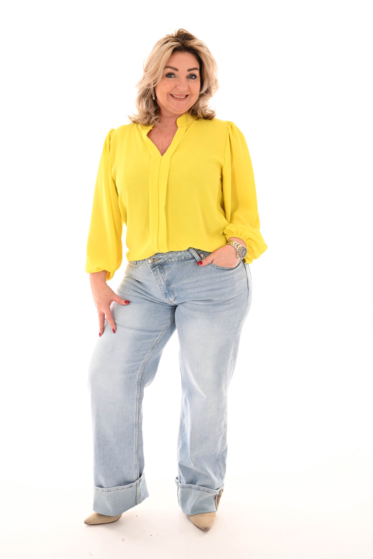 Top lange mouwen v-hals uni geel