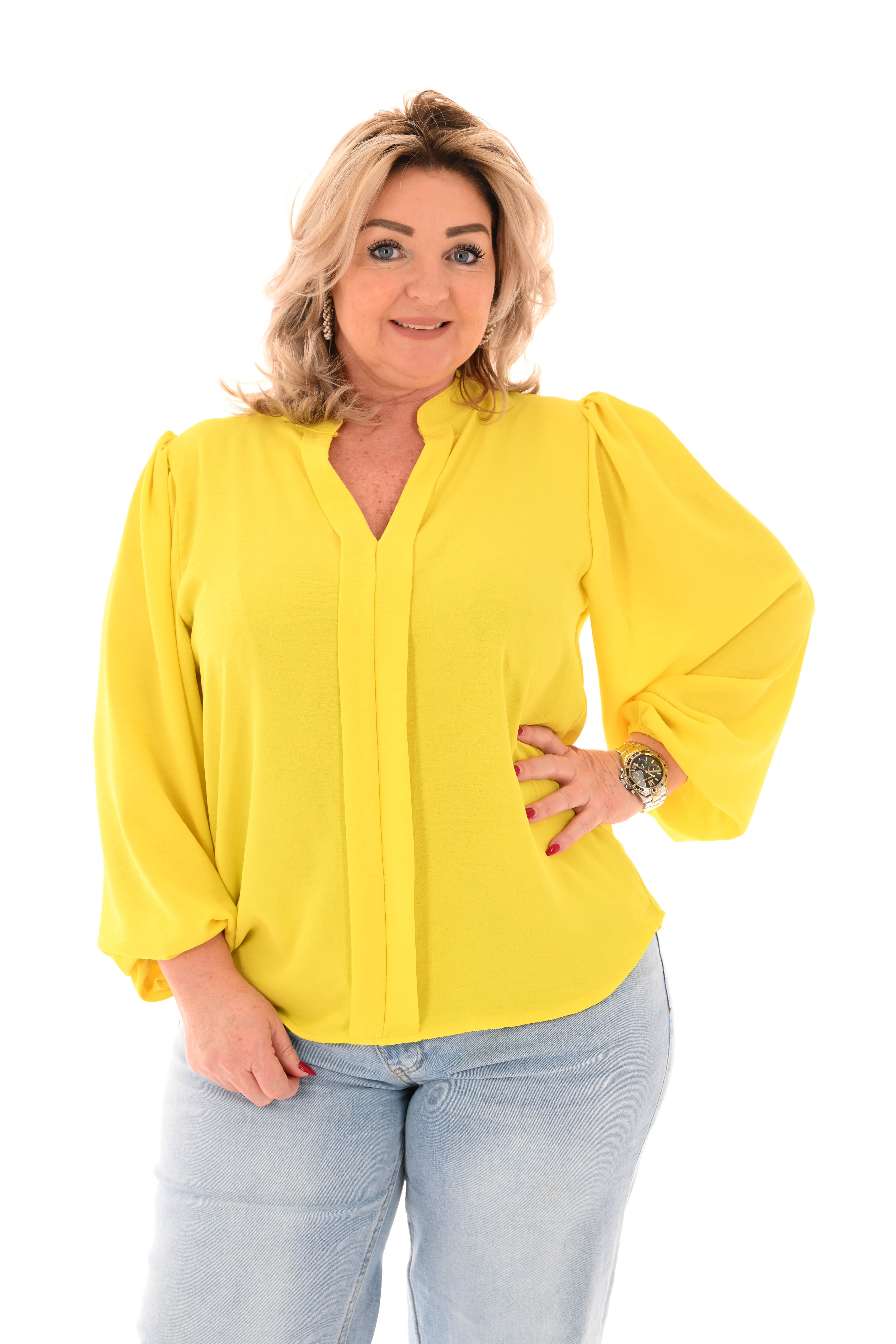 Top lange mouwen v-hals uni geel